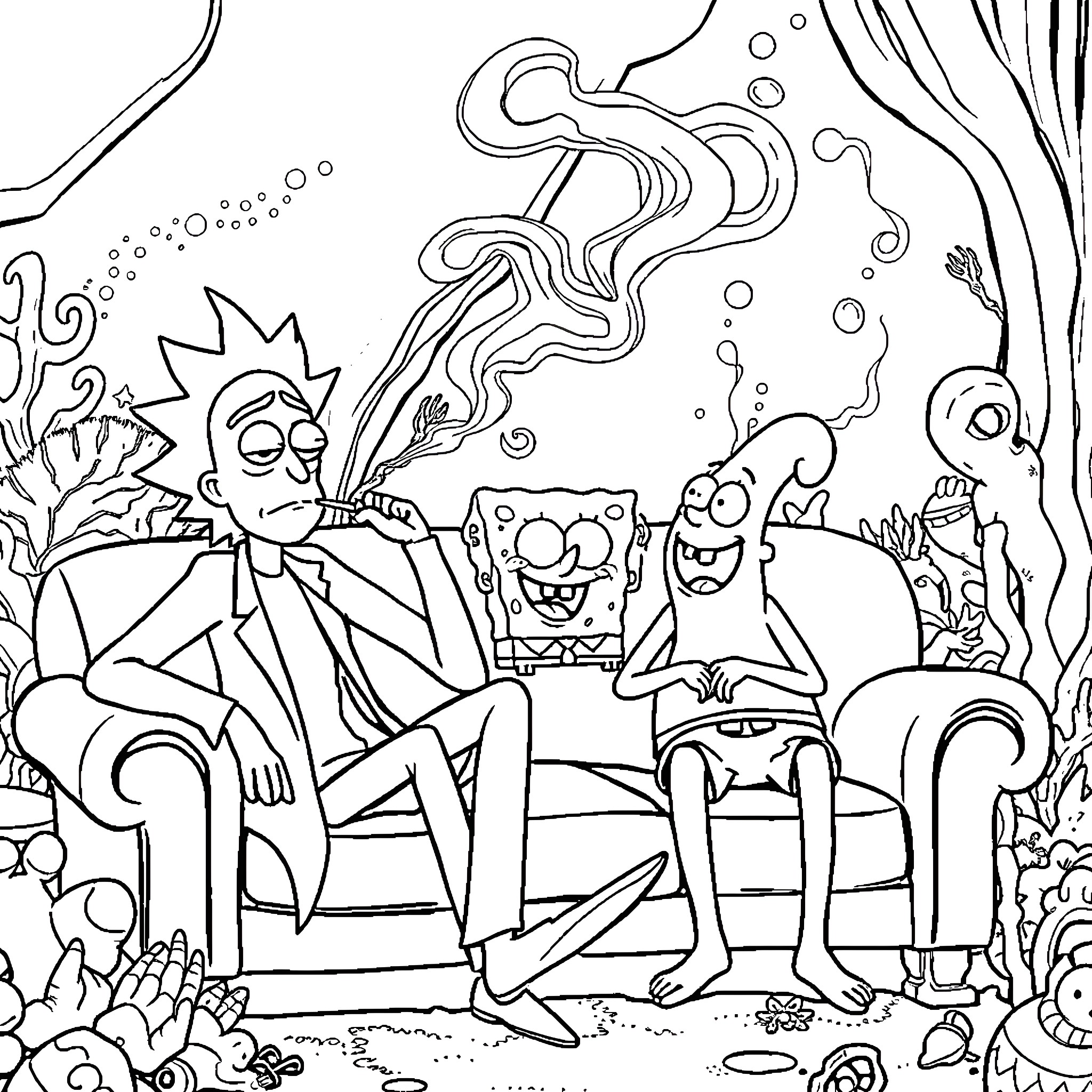 Rick And Morty's Underwater Adventure Coloring Page (free black-and-white line drawing printable PDF for all, from beginners to advanced learners, including children, teens, adults, and seniors)