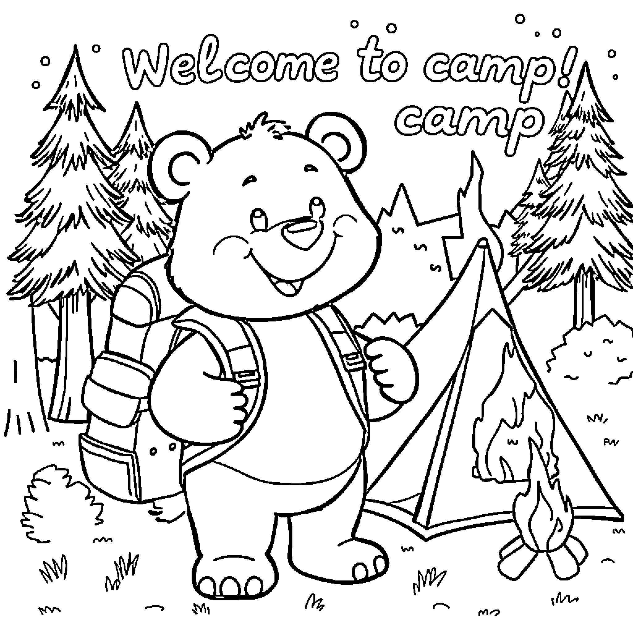 Bear happily welcoming campers to the camping site Coloring Page (free black-and-white line drawing printable PDF for all, from beginners to advanced learners, including children, teens, adults, and seniors)