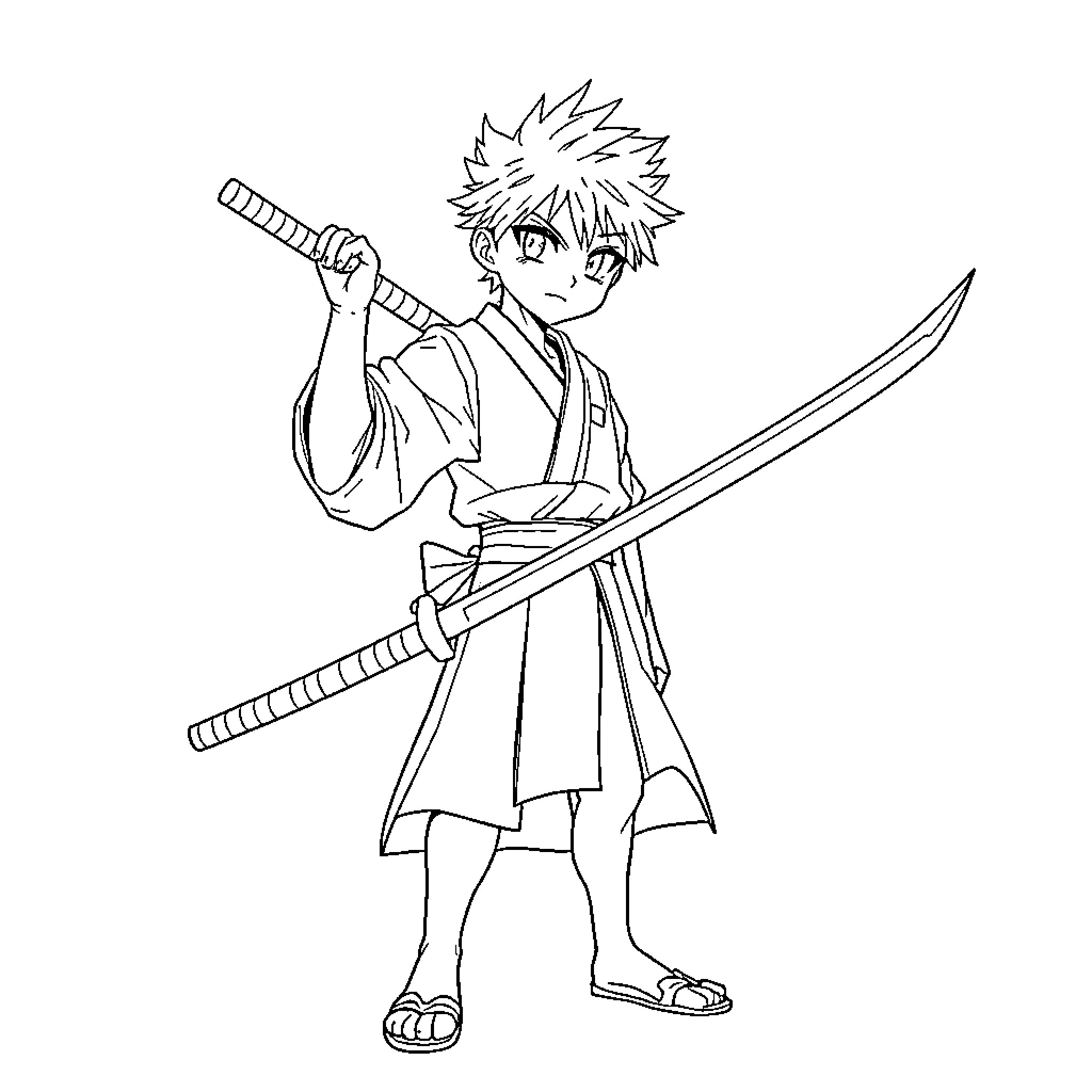 Nanami's Samurai Adventure Coloring Page (free black-and-white line drawing printable PDF for all, from beginners to advanced learners, including children, teens, adults, and seniors)