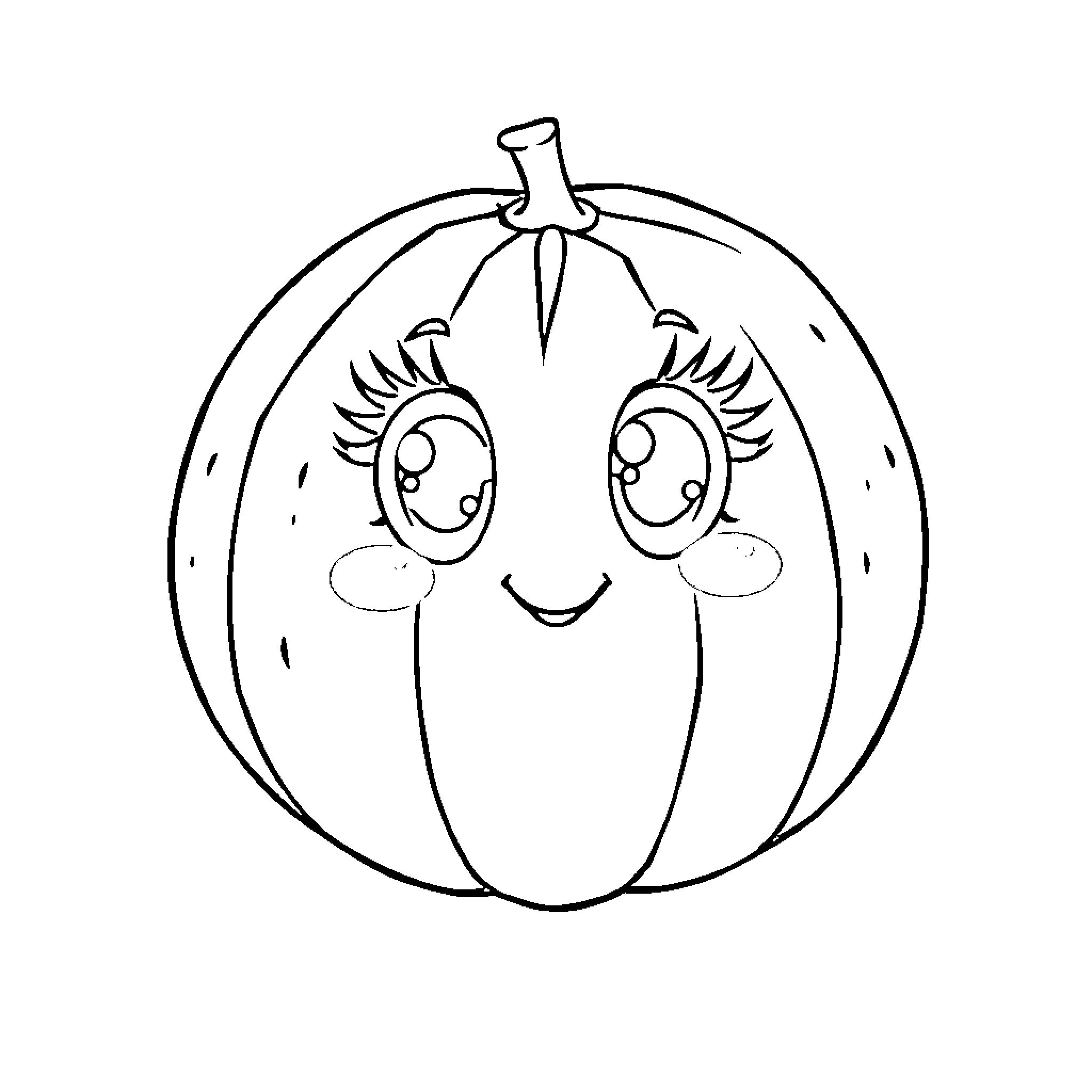Cantaloupe with Cheerful Expression Coloring Page (free black-and-white line drawing printable PDF for all, from beginners to advanced learners, including children, teens, adults, and seniors)