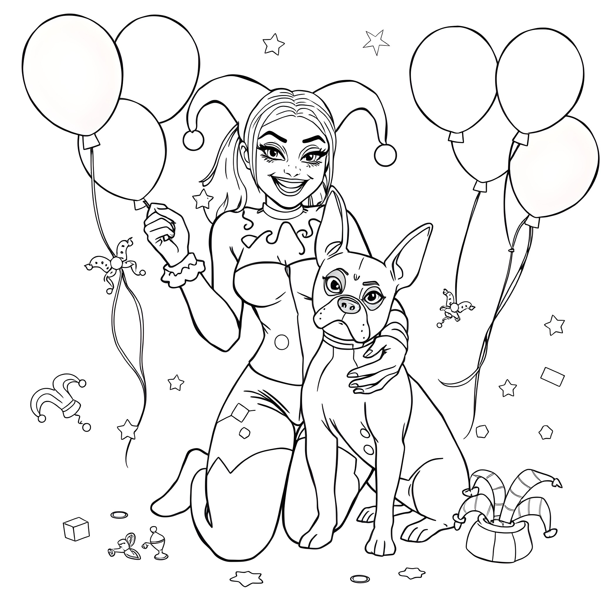 Harley Quinn and her Playful Dog Companion Coloring Page (free black-and-white line drawing printable PDF for all, from beginners to advanced learners, including children, teens, adults, and seniors)