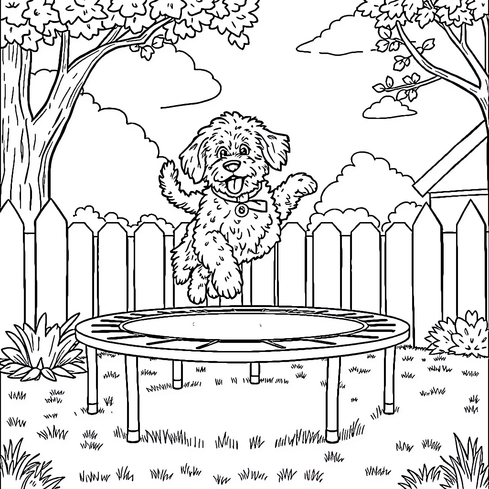 Goldendoodle playing joyfully in the backyard Coloring Page (free black-and-white line drawing printable PDF for all, from beginners to advanced learners, including children, teens, adults, and seniors)