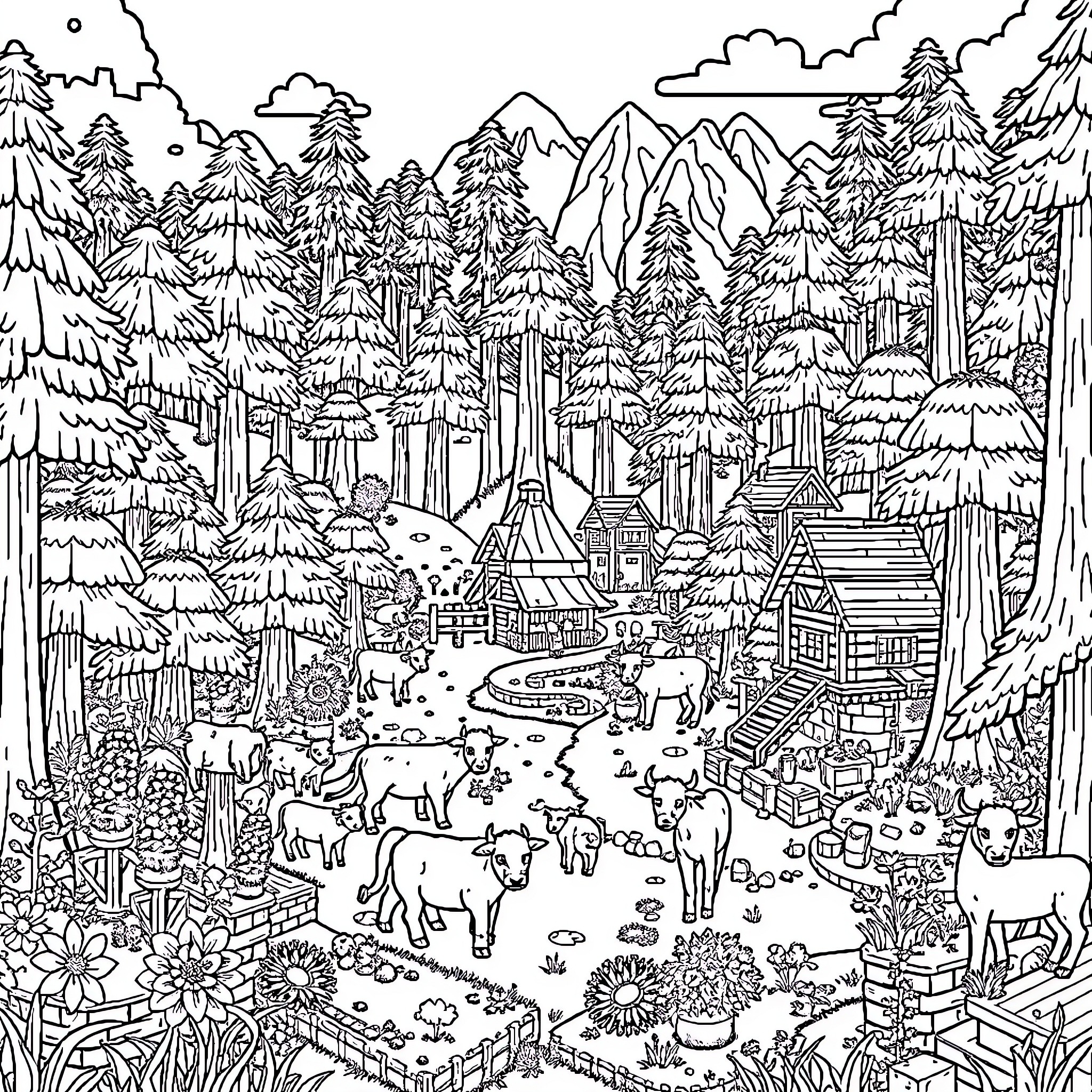 Minecraft forest scene with village and animals Coloring Page (free black-and-white line drawing printable PDF for all, from beginners to advanced learners, including children, teens, adults, and seniors)