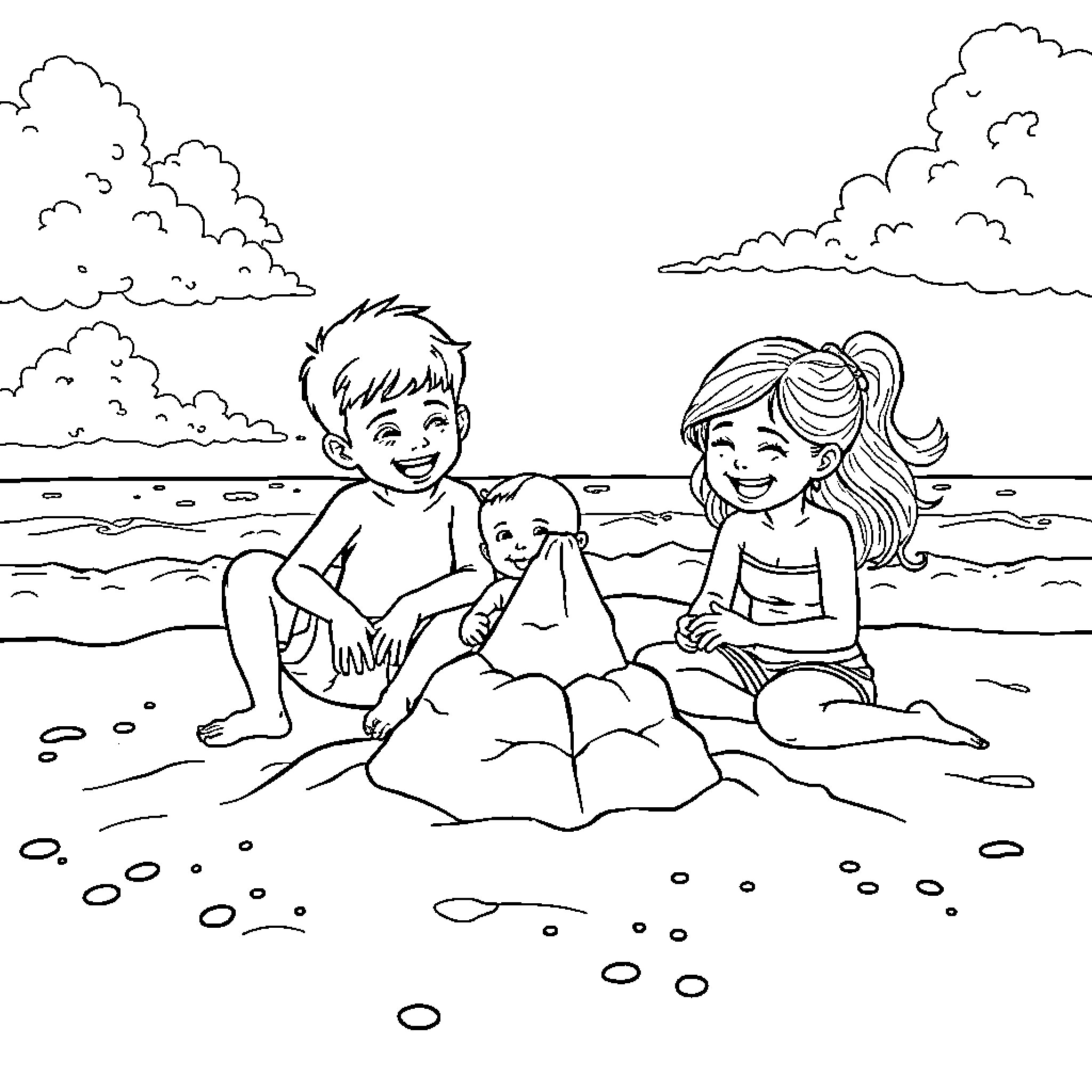 Child enjoying fun day at the beach Coloring Page (free black-and-white line drawing printable PDF for all, from beginners to advanced learners, including children, teens, adults, and seniors)