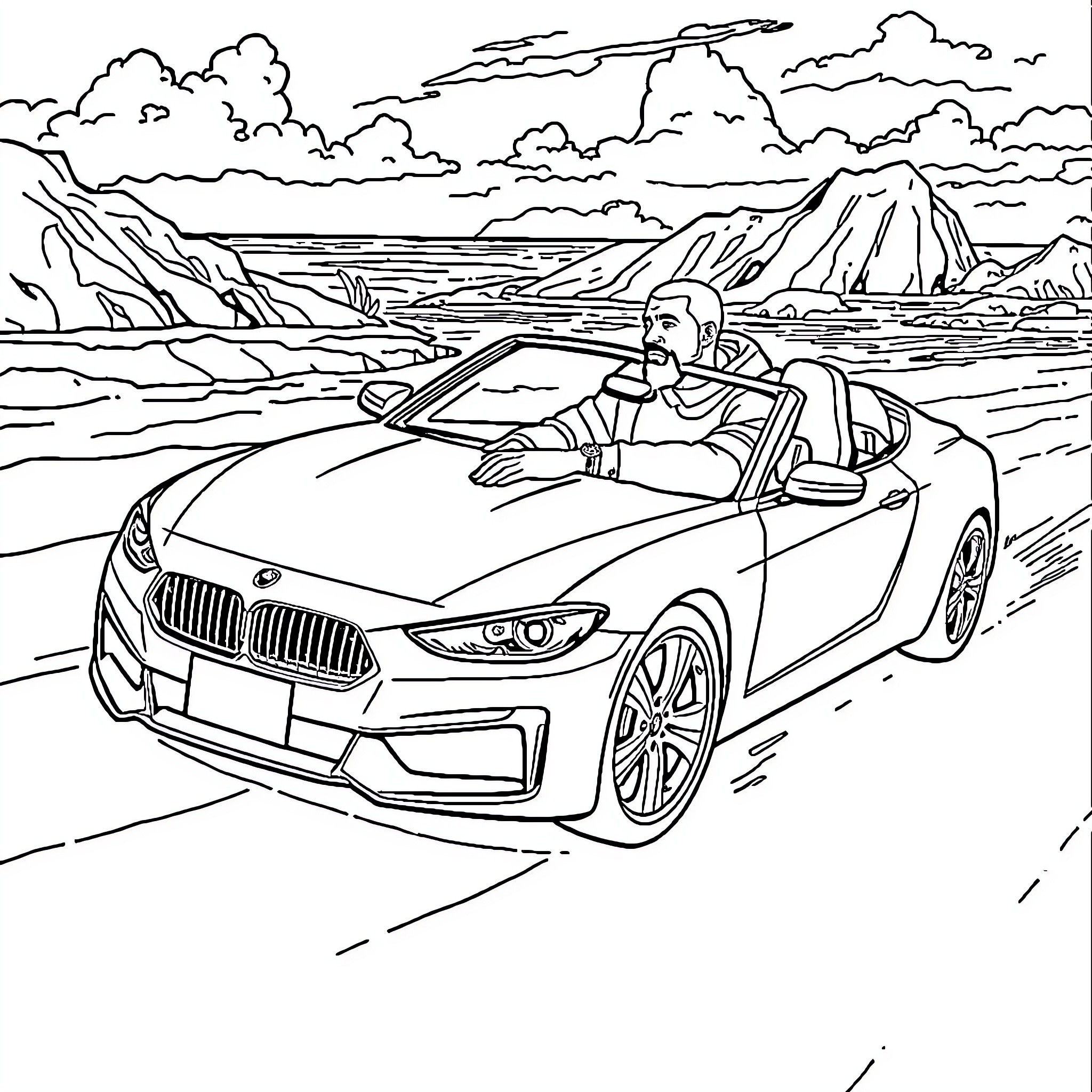 Kanye driving convertible through scenic landscape Coloring Page (free black-and-white line drawing printable PDF for all, from beginners to advanced learners, including children, teens, adults, and seniors)
