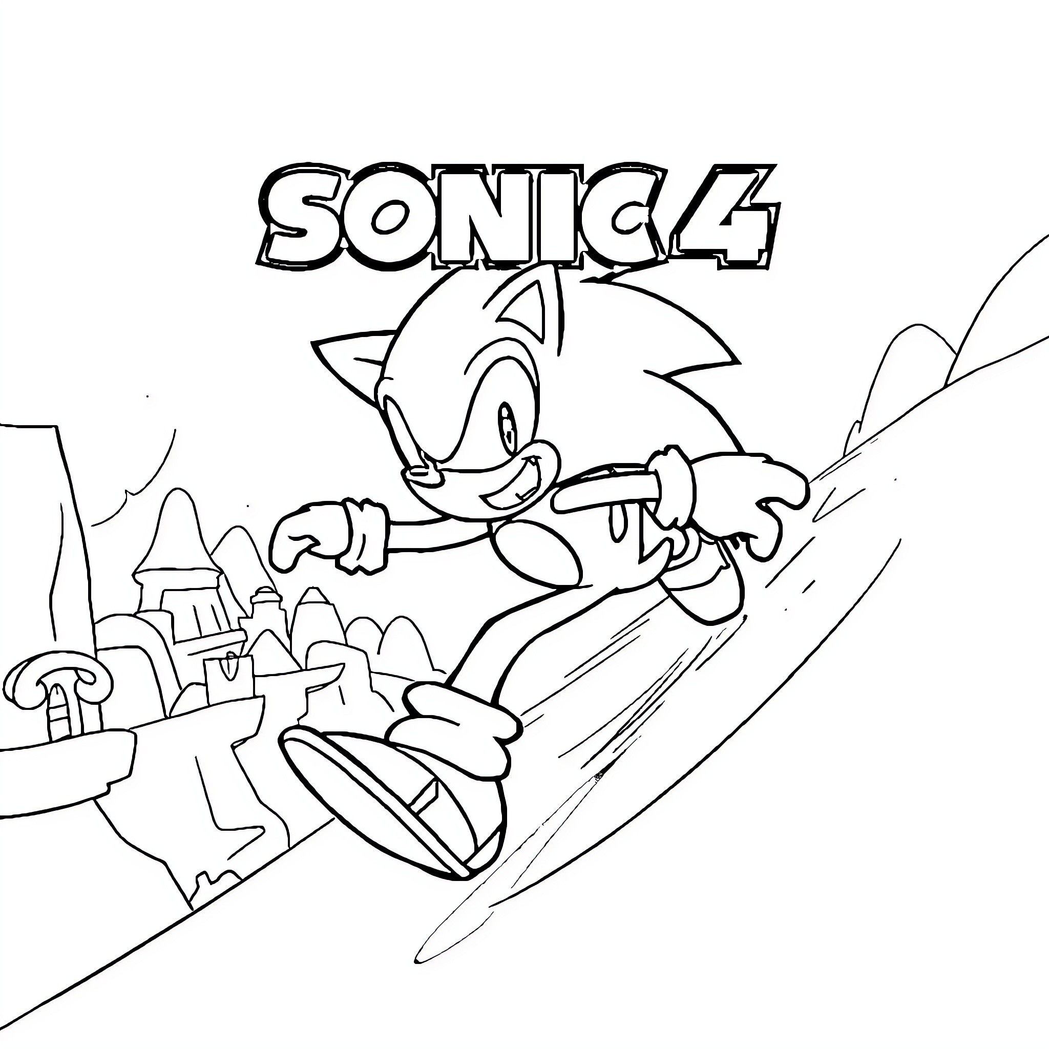 Sonic running through an adventurous landscape Coloring Page (free black-and-white line drawing printable PDF for all, from beginners to advanced learners, including children, teens, adults, and seniors)