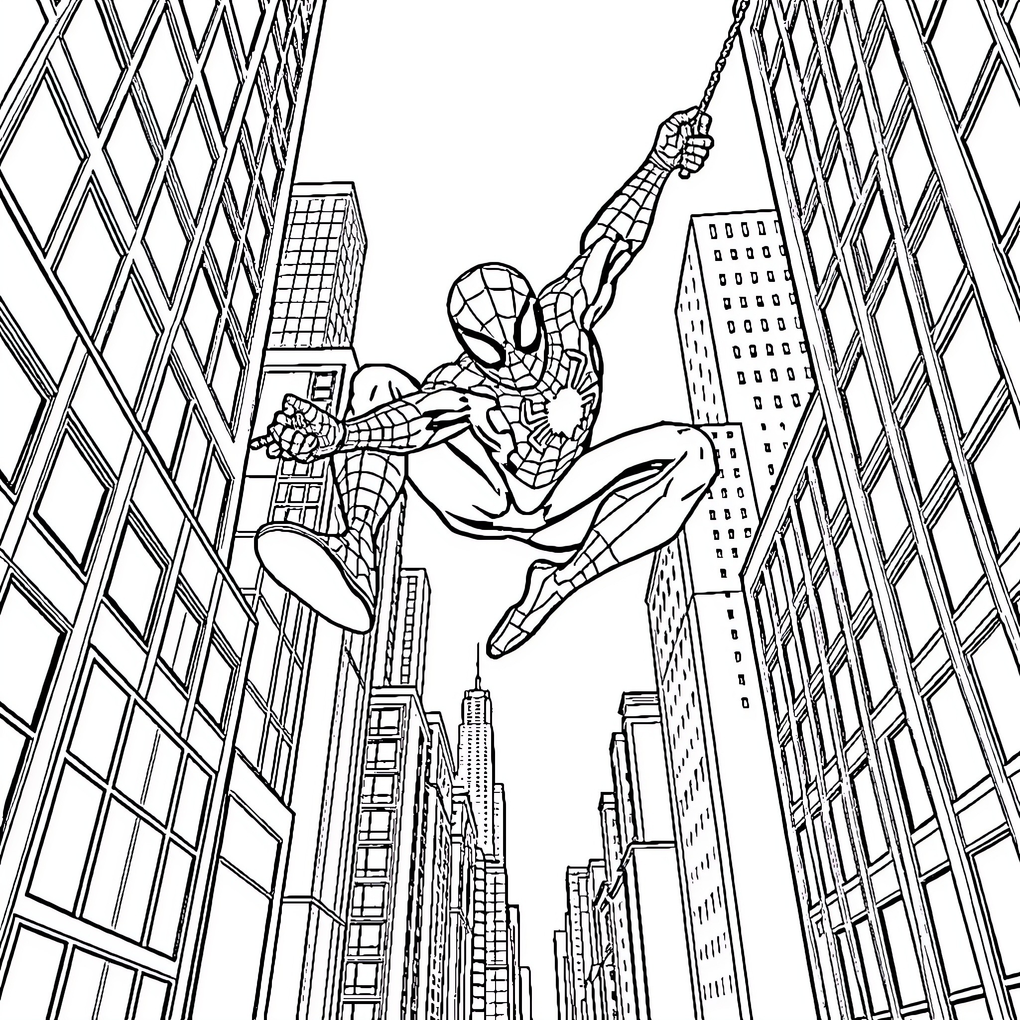 Spiderman swinging through the city skyline Coloring Page (free black-and-white line drawing printable PDF for all, from beginners to advanced learners, including children, teens, adults, and seniors)