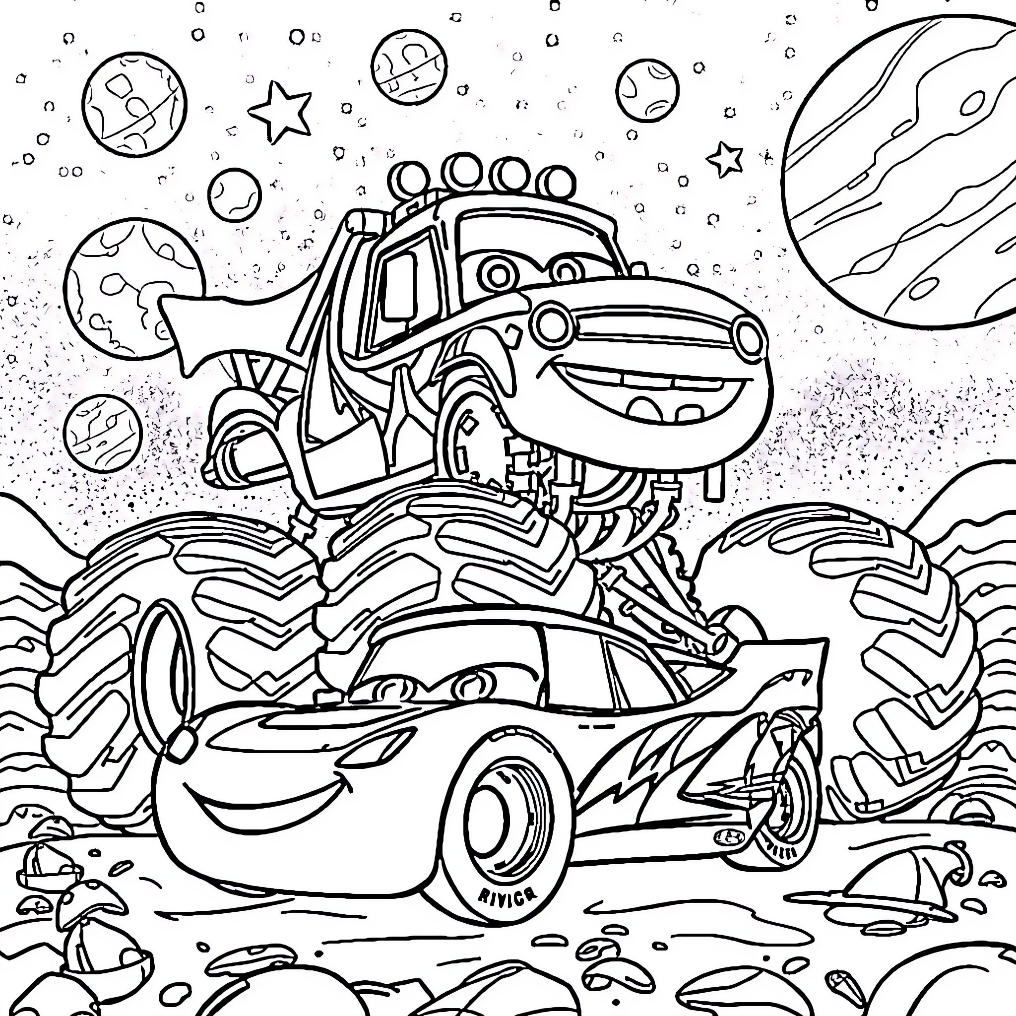 Monster Truck Racing Through Outer Space Coloring Page (free black-and-white line drawing printable PDF for all, from beginners to advanced learners, including children, teens, adults, and seniors)