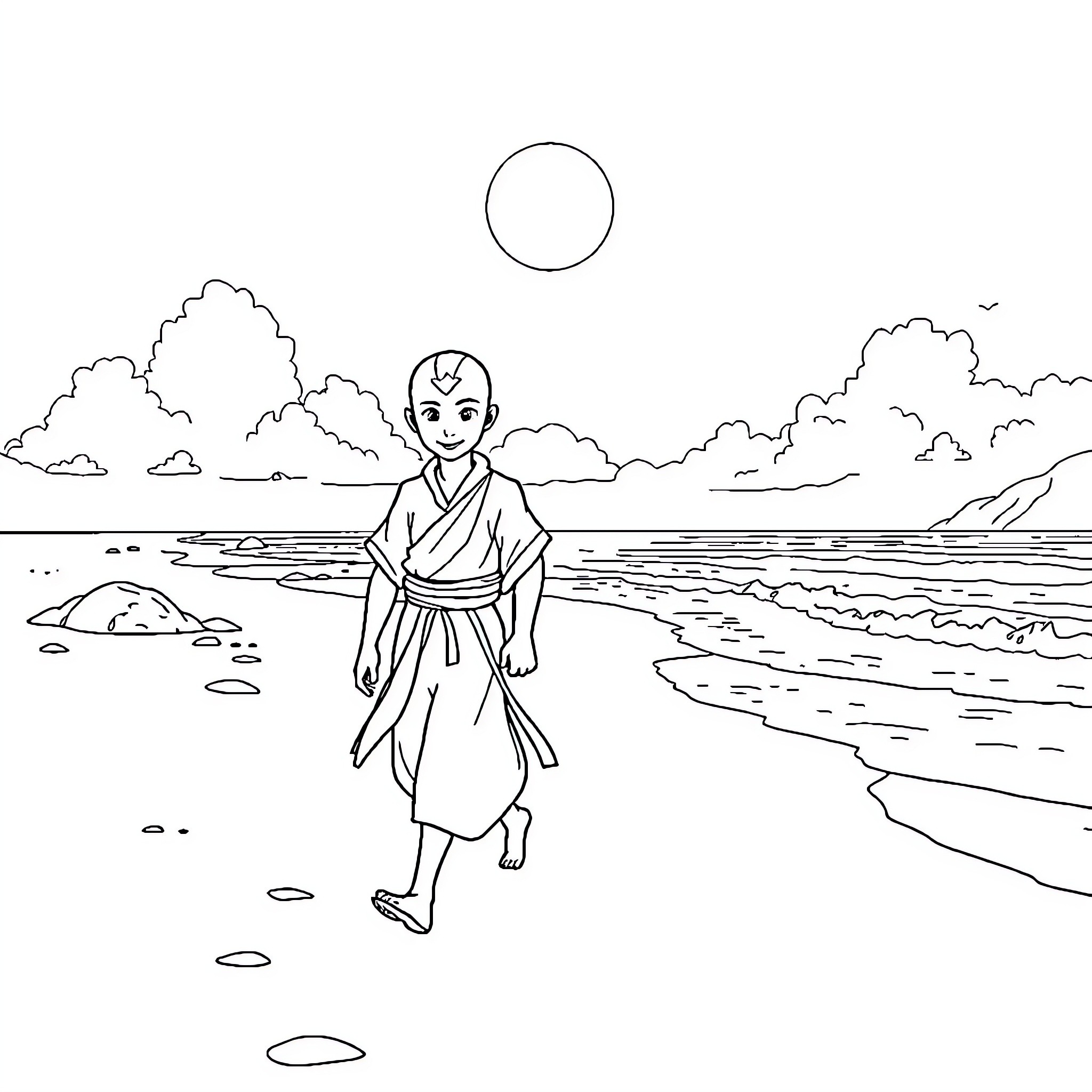 Aang enjoying a peaceful walk by the beach Coloring Page (free black-and-white line drawing printable PDF for all, from beginners to advanced learners, including children, teens, adults, and seniors)