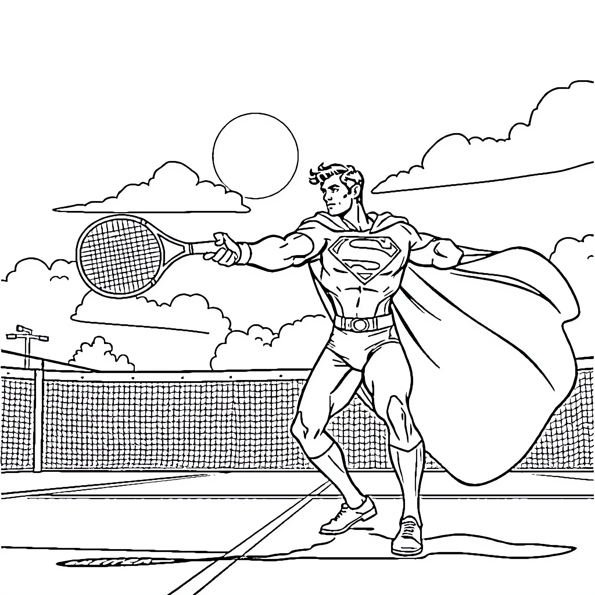 Superman playing tennis on a sunny day Coloring Page (free black-and-white line drawing printable PDF for all, from beginners to advanced learners, including children, teens, adults, and seniors)