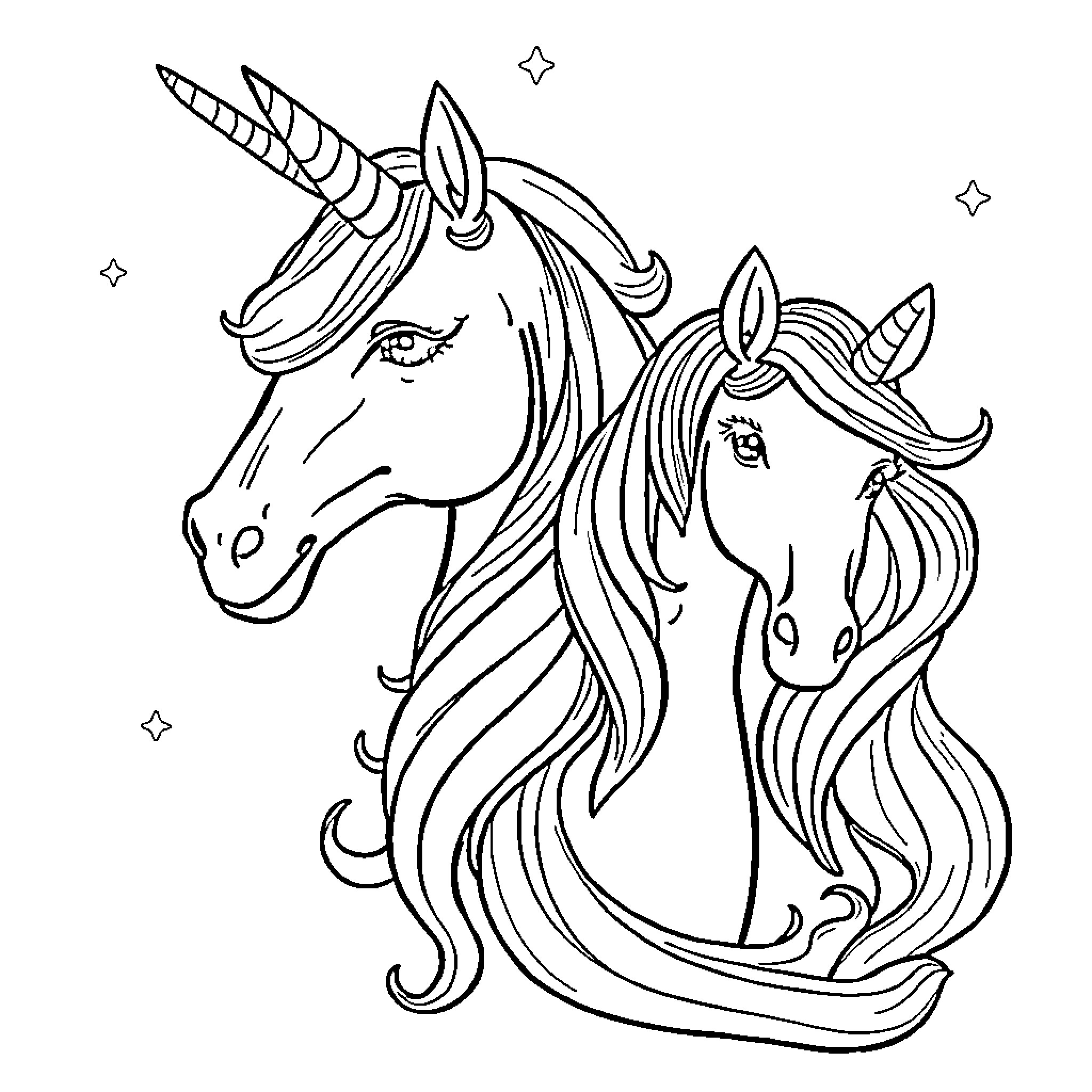 Unicorn siblings playing under the starry night Coloring Page (free black-and-white line drawing printable PDF for all, from beginners to advanced learners, including children, teens, adults, and seniors)