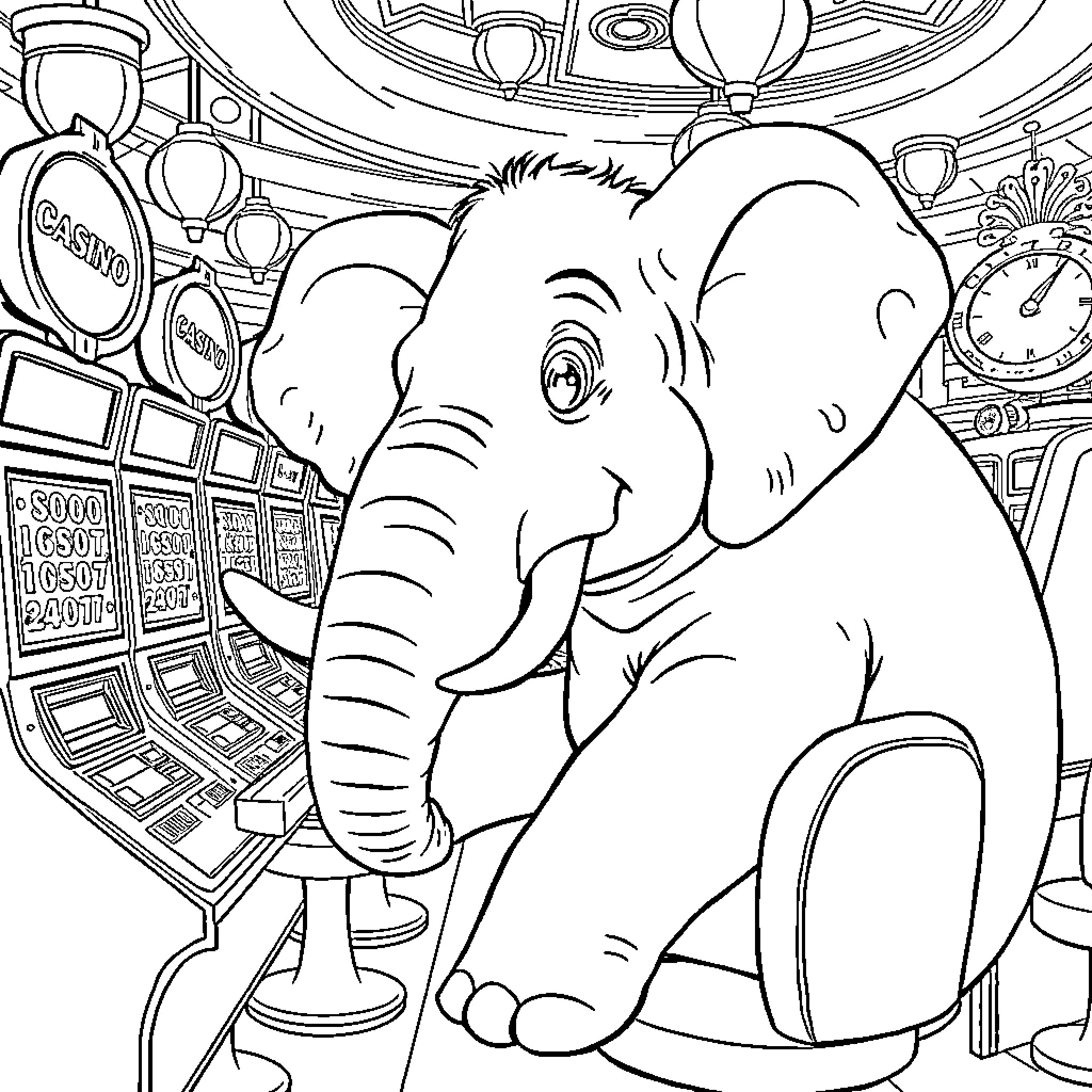 Elephant playing in casino environment Coloring Page (free black-and-white line drawing printable PDF for all, from beginners to advanced learners, including children, teens, adults, and seniors)