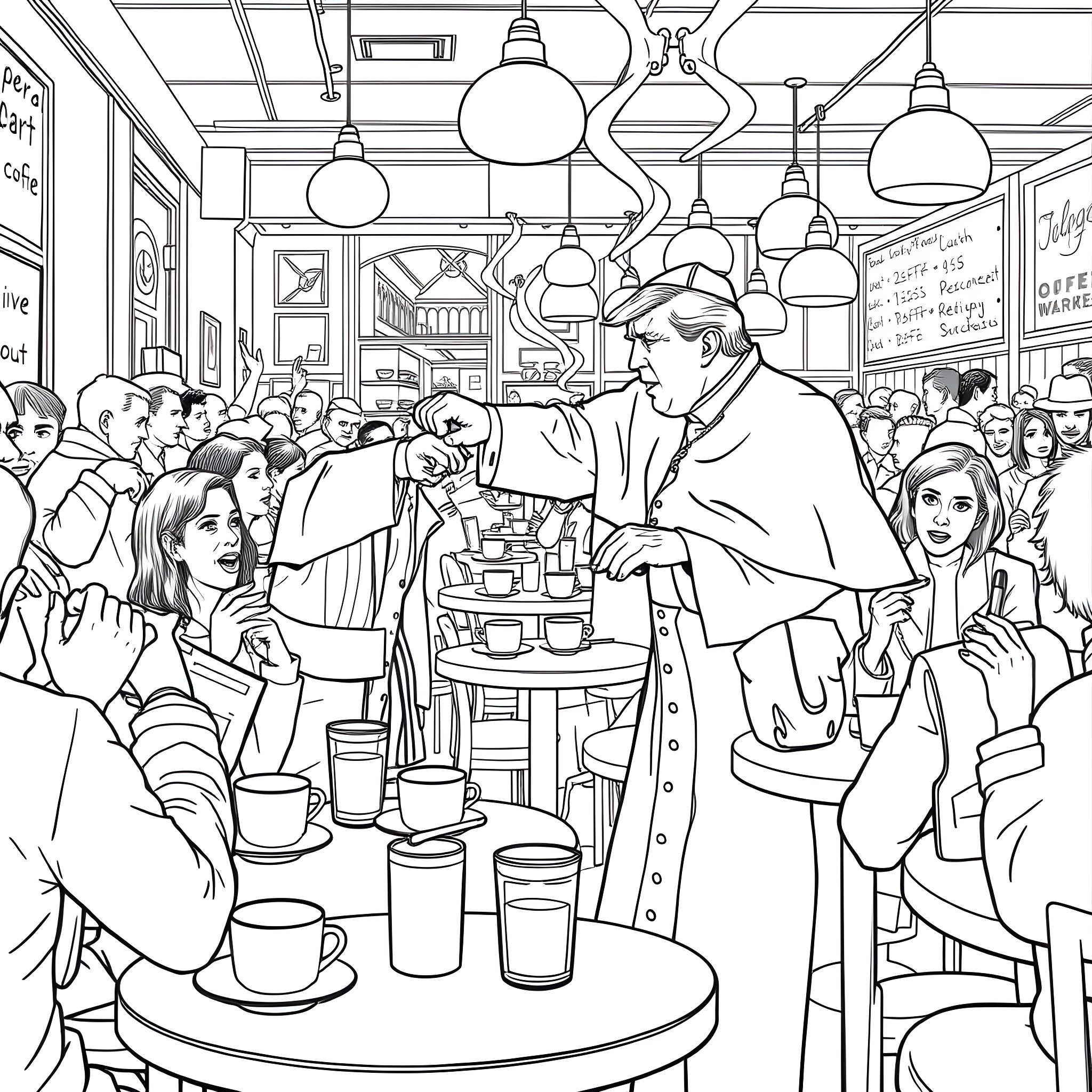 Pope Interacts with Congregation in Cafe Setting Coloring Page (free black-and-white line drawing printable PDF for all, from beginners to advanced learners, including children, teens, adults, and seniors)