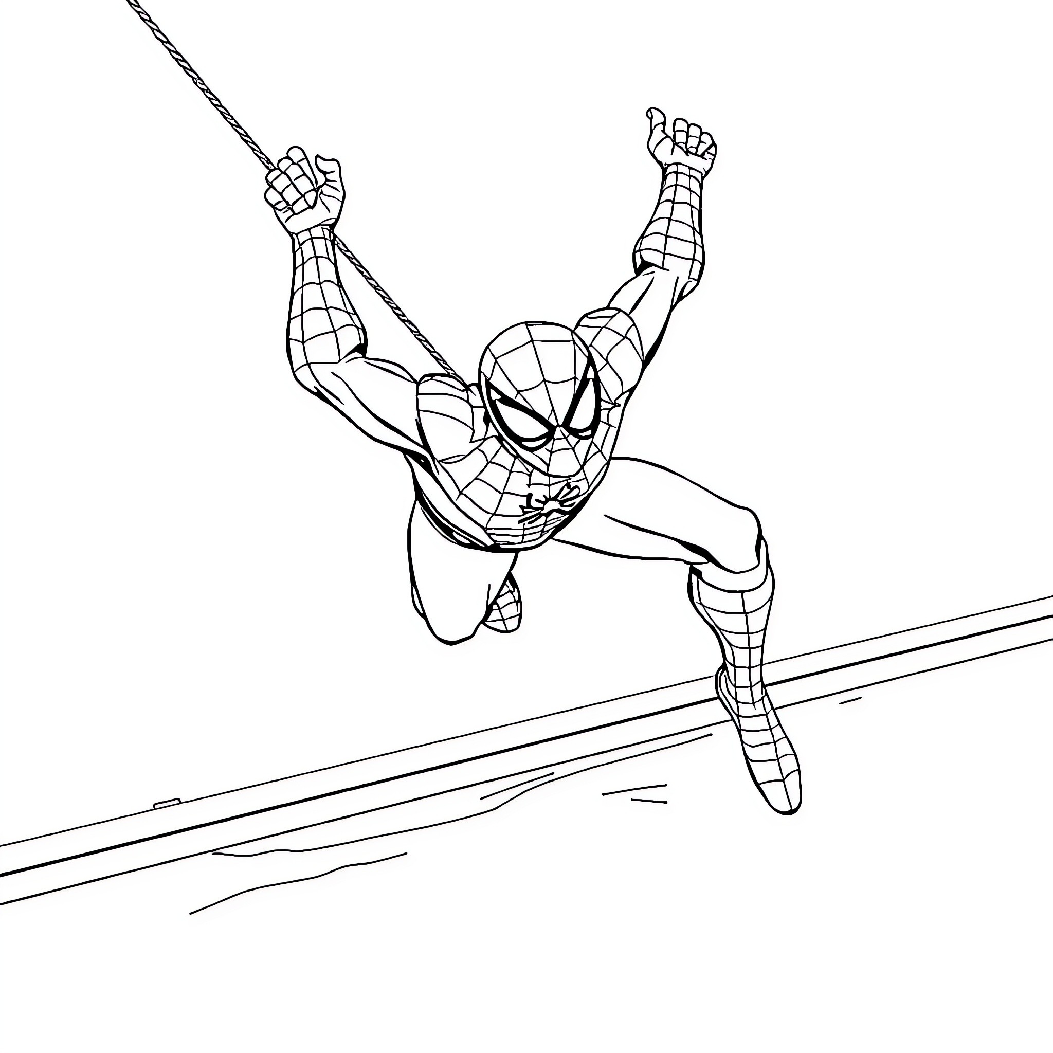 Spiderman swinging through the city Coloring Page (free black-and-white line drawing printable PDF for all, from beginners to advanced learners, including children, teens, adults, and seniors)