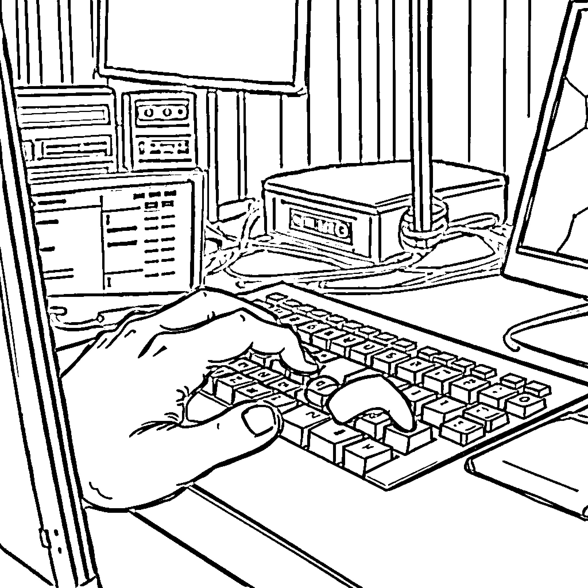 Keyboard Workstation with Gadgets and Tools Coloring Page (free black-and-white line drawing printable PDF for all, from beginners to advanced learners, including children, teens, adults, and seniors)