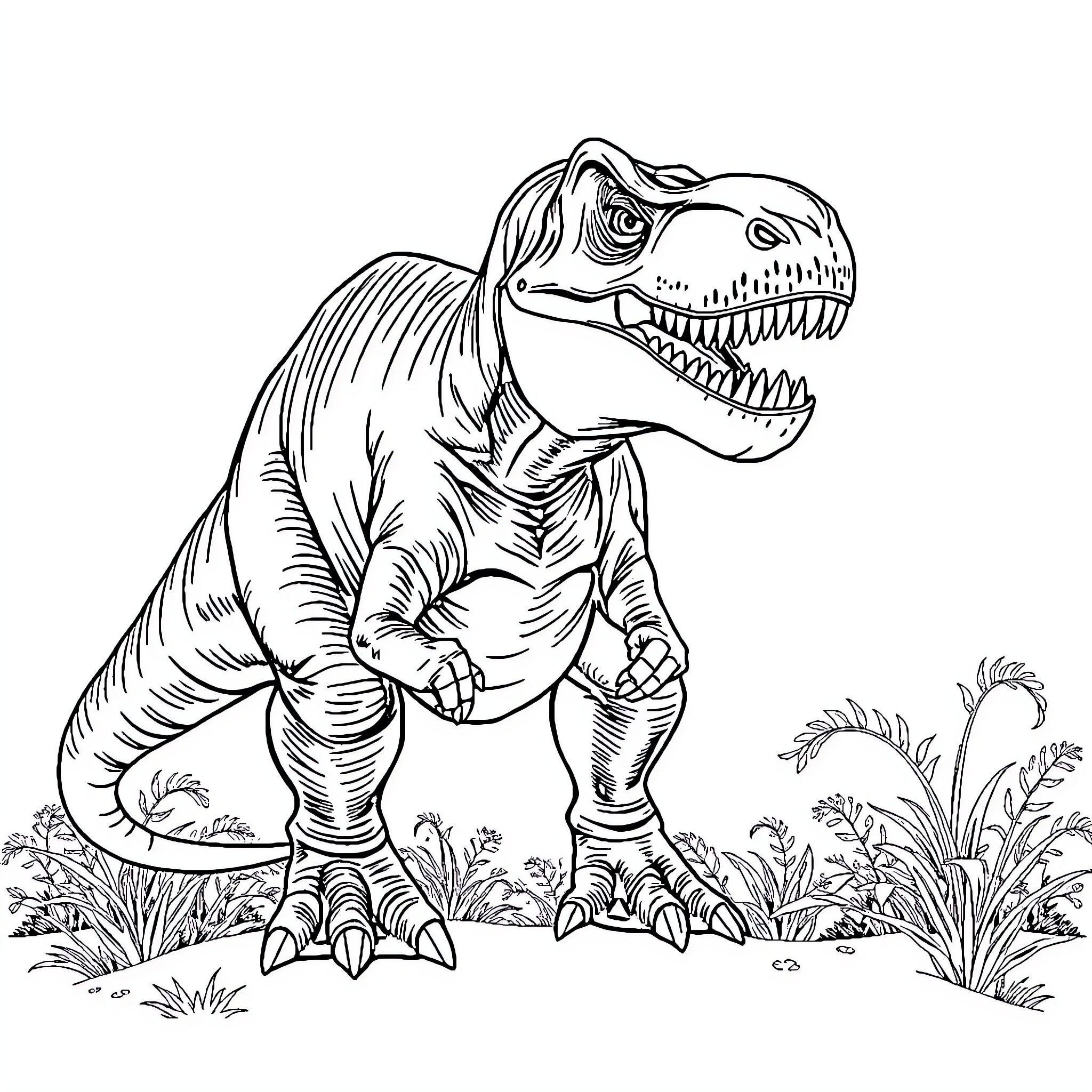 Tyrannosaurus Rex roaring in prehistoric landscape Coloring Page (free black-and-white line drawing printable PDF for all, from beginners to advanced learners, including children, teens, adults, and seniors)