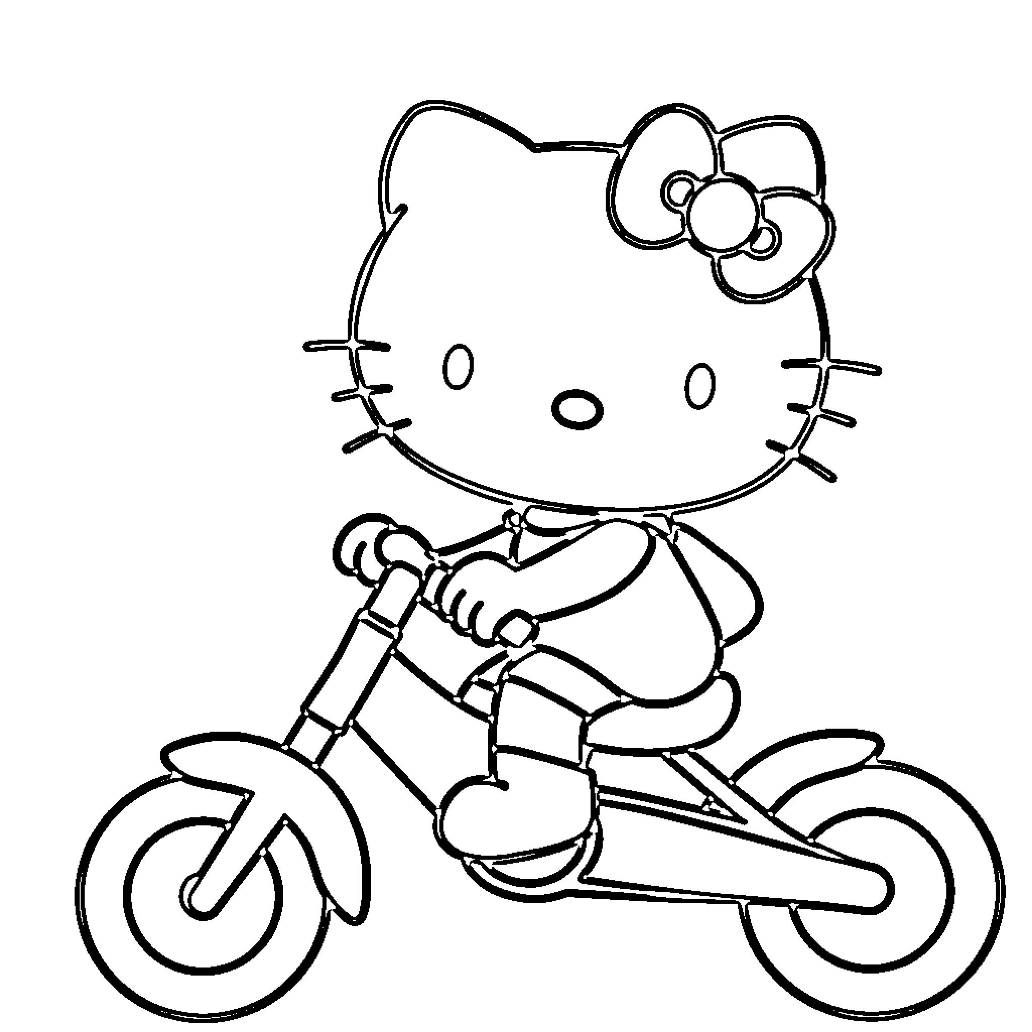 Hello Kitty riding a motorcycle Coloring Page (free black-and-white line drawing printable PDF for all, from beginners to advanced learners, including children, teens, adults, and seniors)