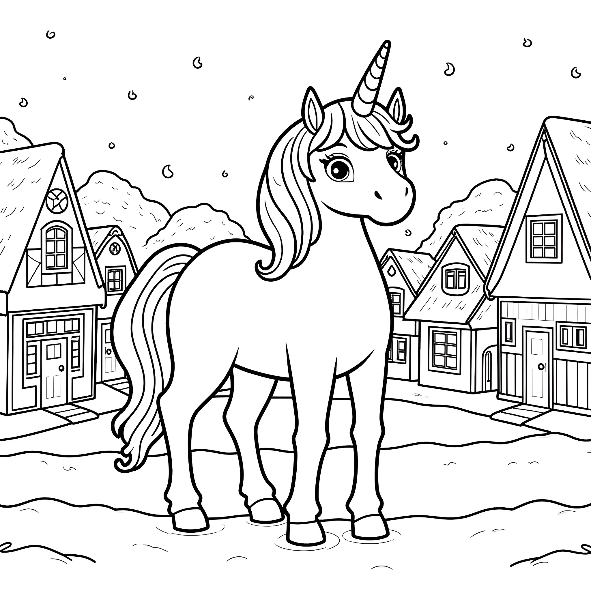 Unicorn wandering through a whimsical village Coloring Page (free black-and-white line drawing printable PDF for all, from beginners to advanced learners, including children, teens, adults, and seniors)