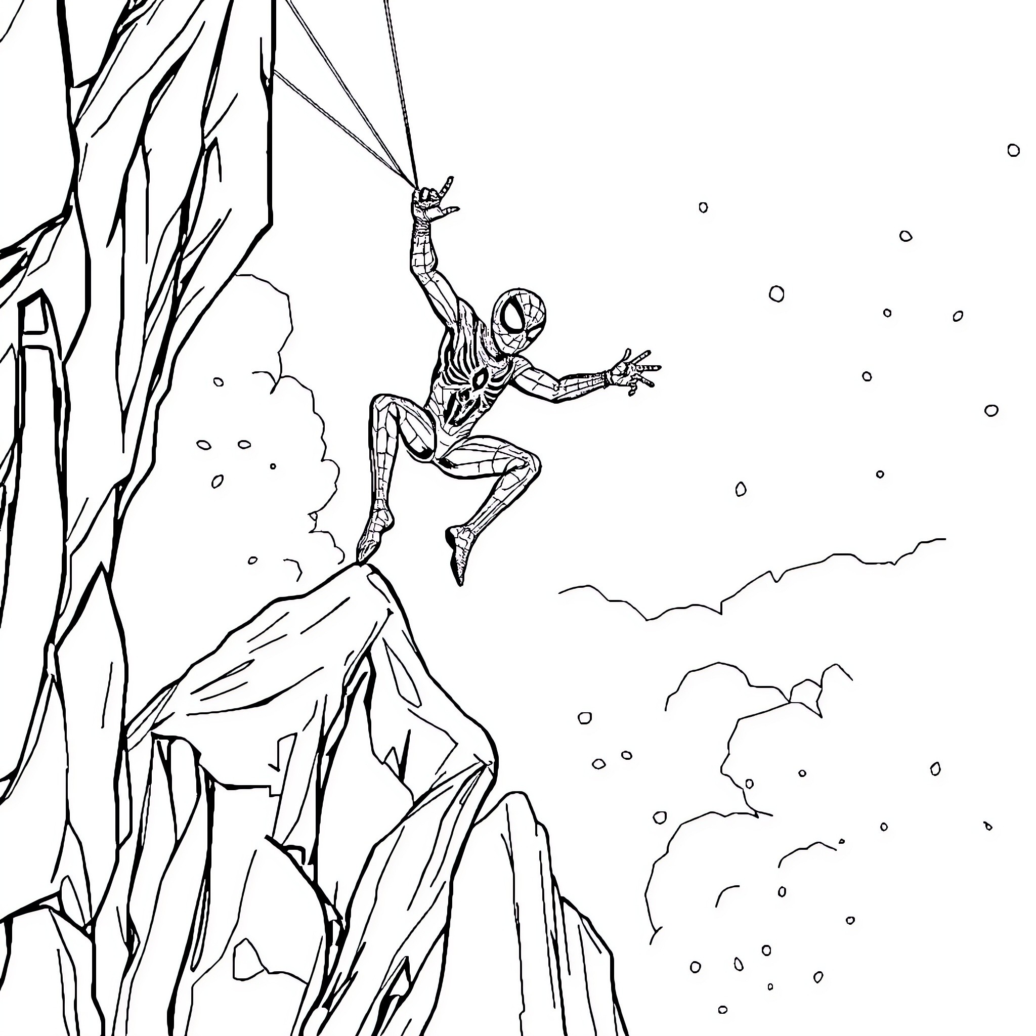 Spider-Man climbing a cliff in the snow Coloring Page (free black-and-white line drawing printable PDF for all, from beginners to advanced learners, including children, teens, adults, and seniors)