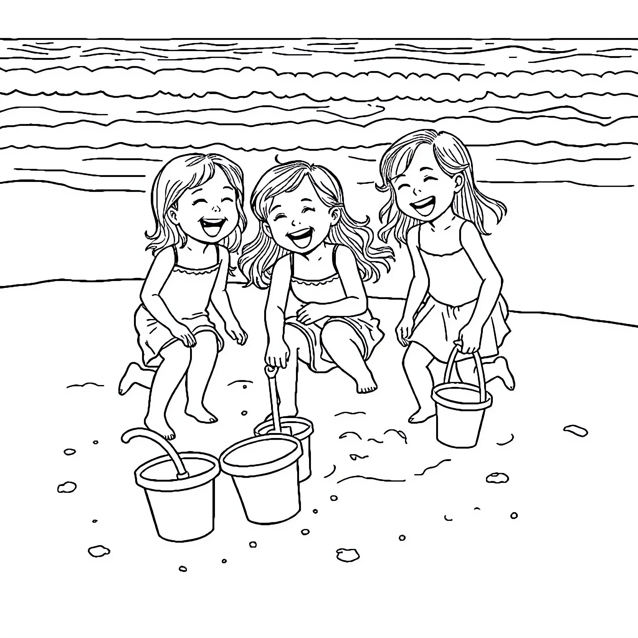 Girls enjoying a day at the beach Coloring Page (free black-and-white line drawing printable PDF for all, from beginners to advanced learners, including children, teens, adults, and seniors)
