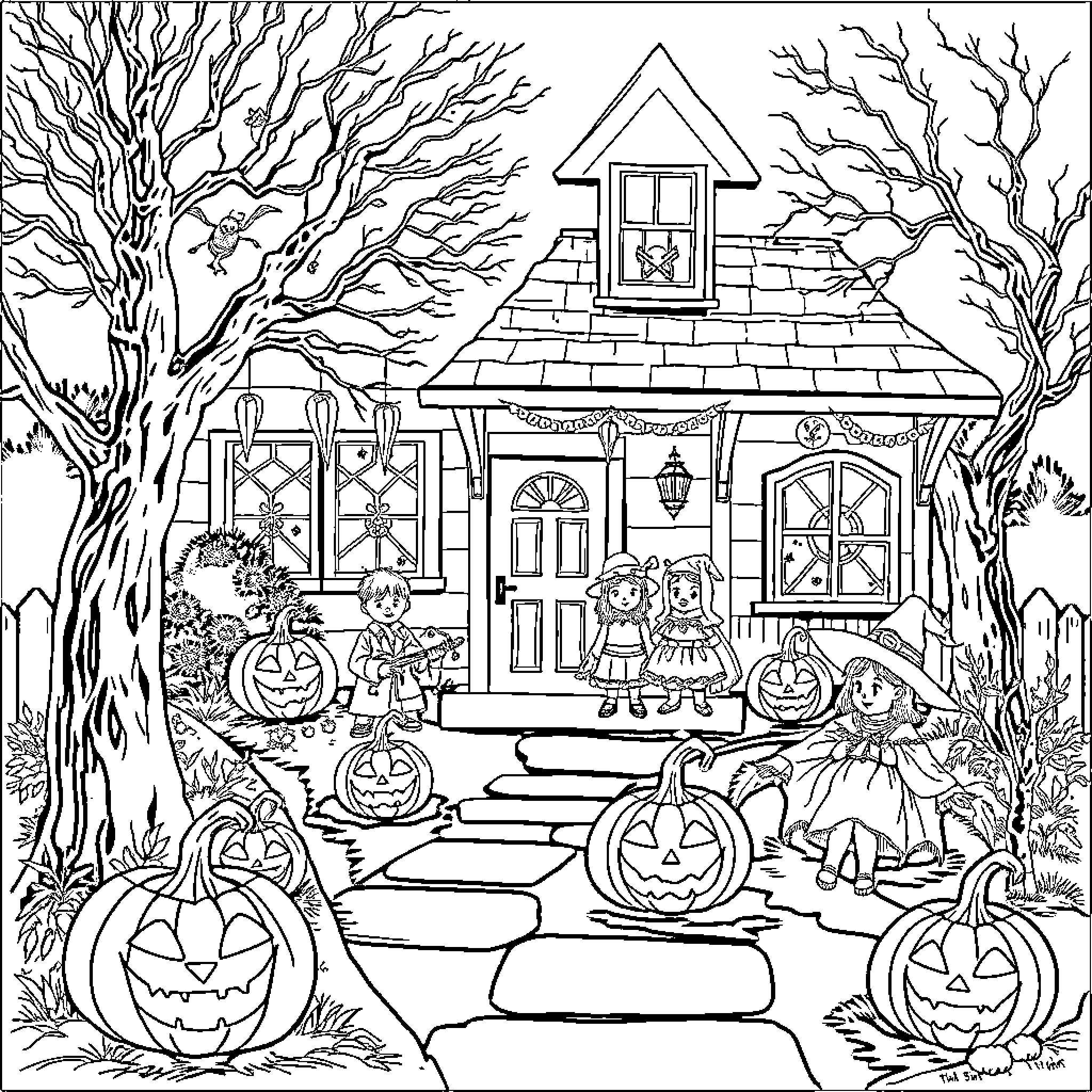 Halloween at the haunted house with pumpkins and children Coloring Page (free black-and-white line drawing printable PDF for all, from beginners to advanced learners, including children, teens, adults, and seniors)