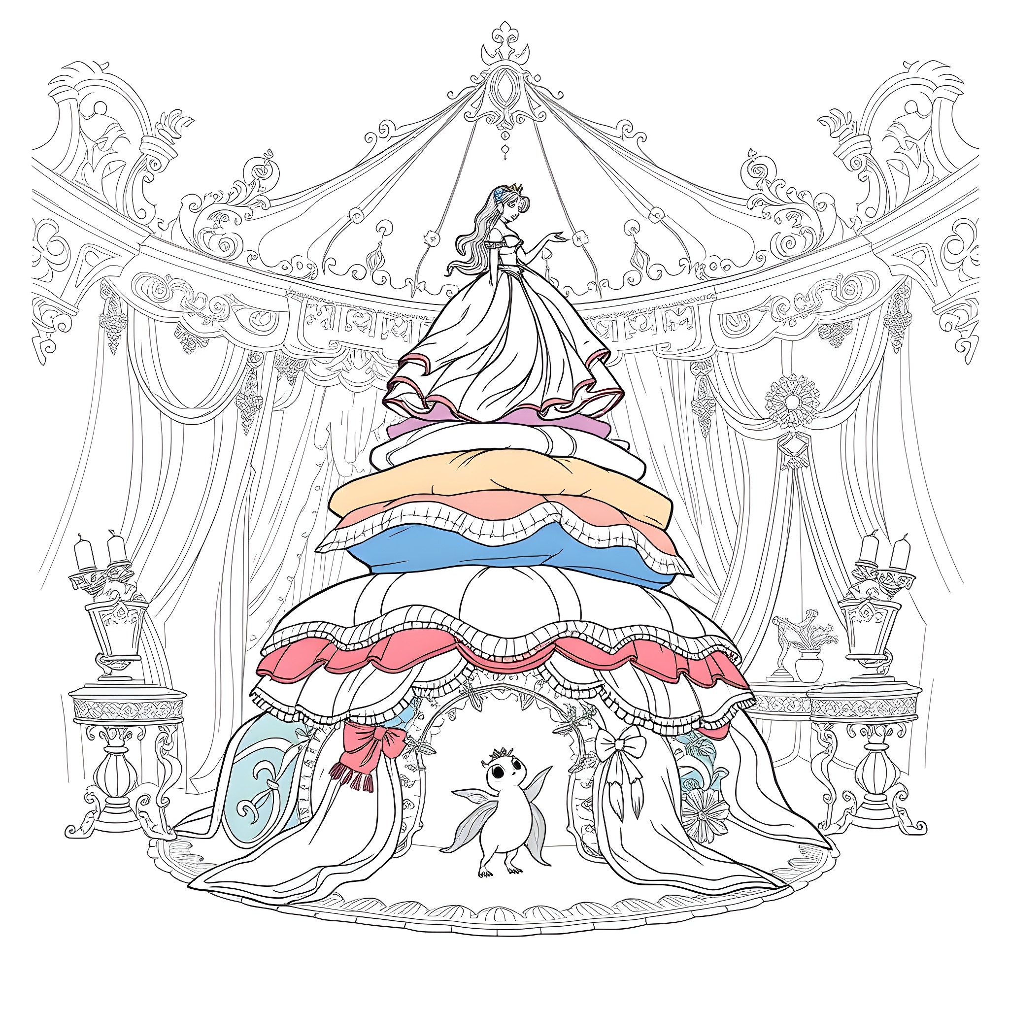 Princess in an Ornate Ballroom Dress Coloring Page (free black-and-white line drawing printable PDF for all, from beginners to advanced learners, including children, teens, adults, and seniors)