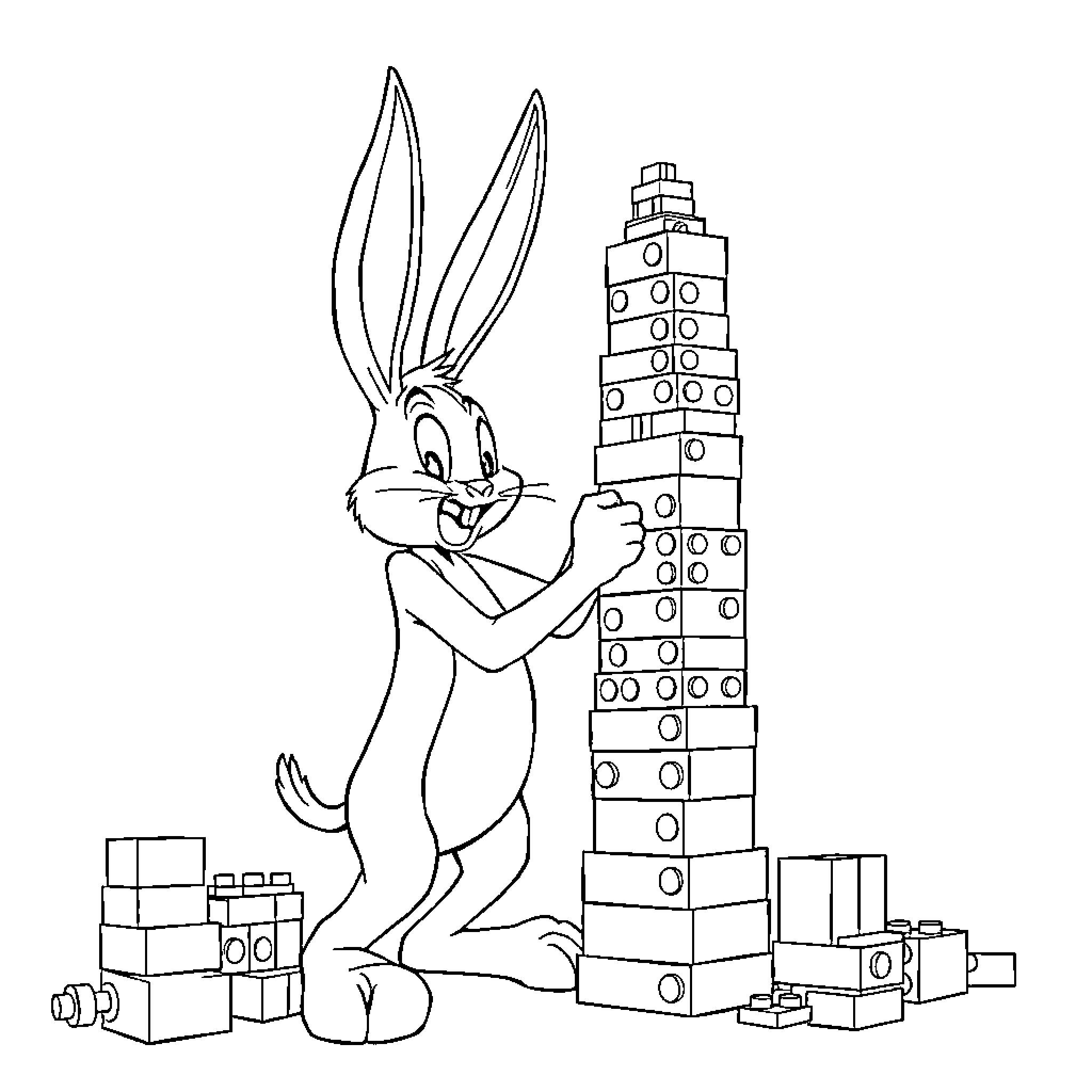 Bugs Bunny building a tower with blocks Coloring Page (free black-and-white line drawing printable PDF for all, from beginners to advanced learners, including children, teens, adults, and seniors)