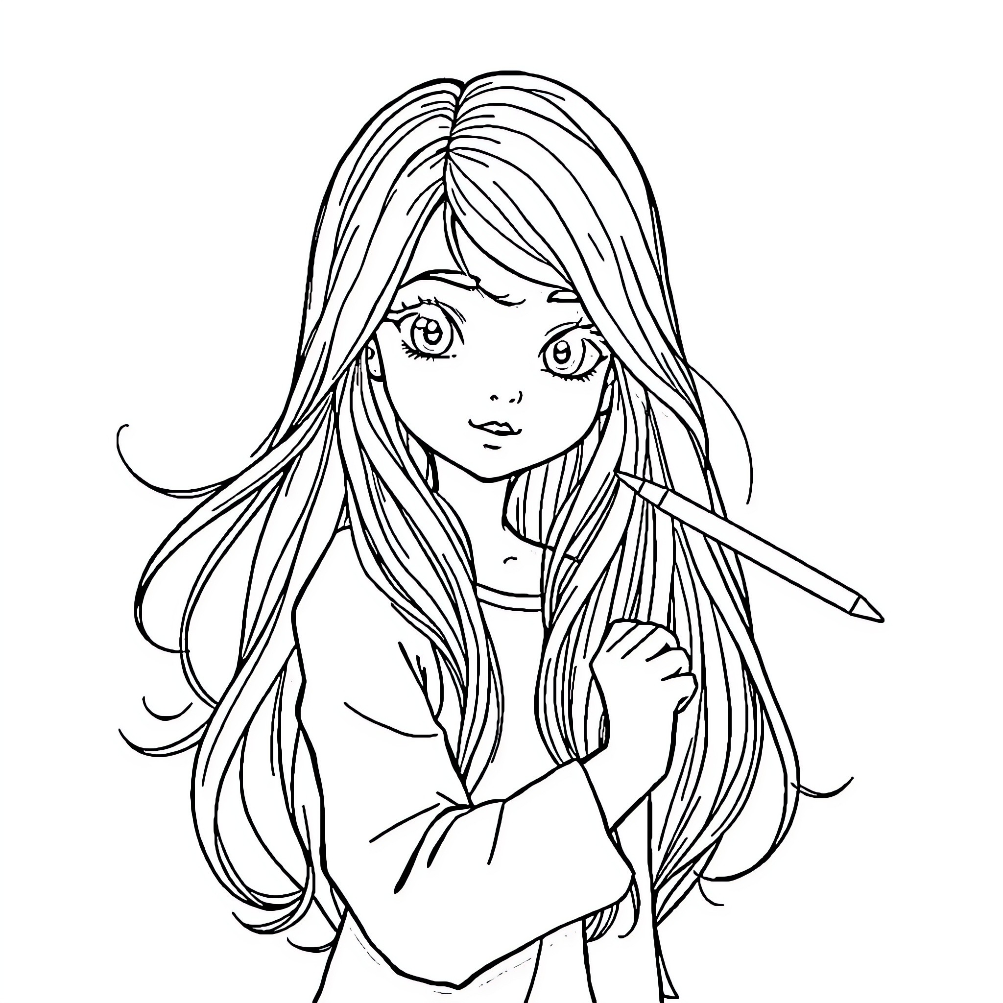 Labubu's pensive expression with flowing hair Coloring Page (free black-and-white line drawing printable PDF for all, from beginners to advanced learners, including children, teens, adults, and seniors)