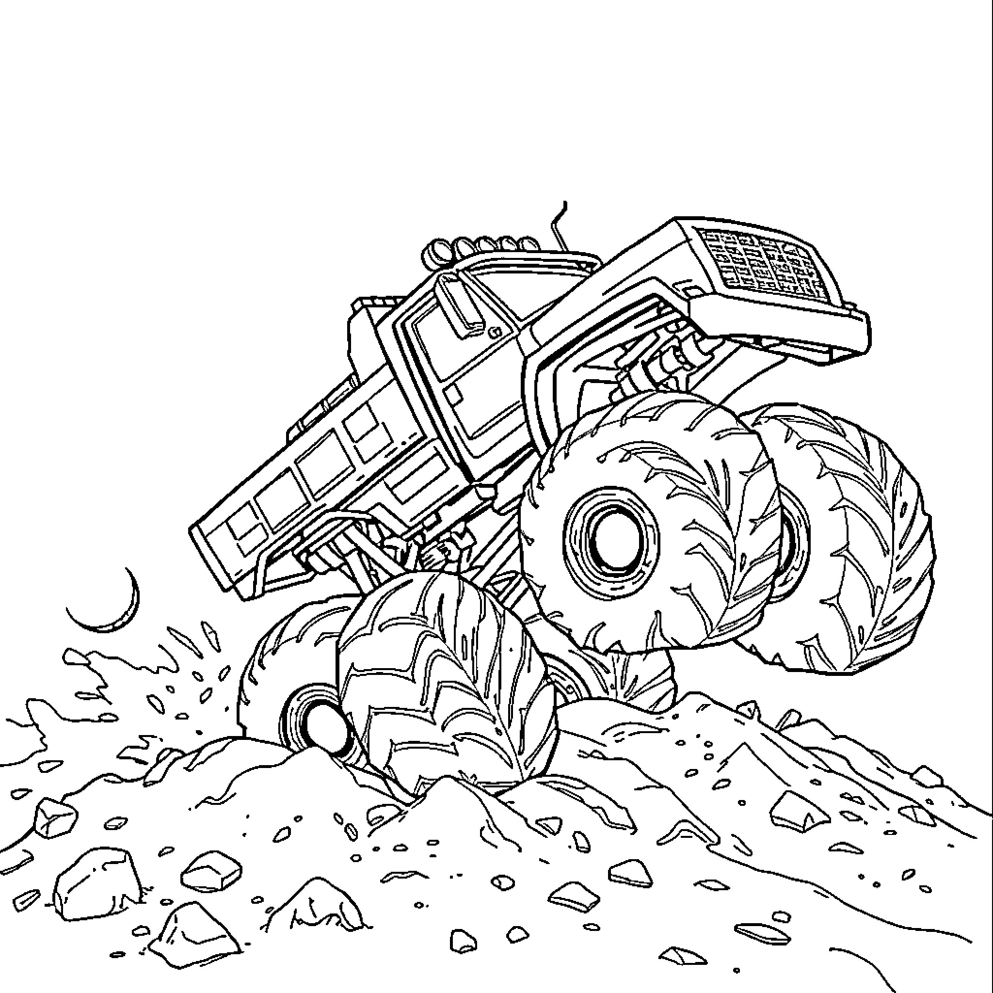 Monster Truck Crushing Rocks and Terrain Coloring Page (free black-and-white line drawing printable PDF for all, from beginners to advanced learners, including children, teens, adults, and seniors)