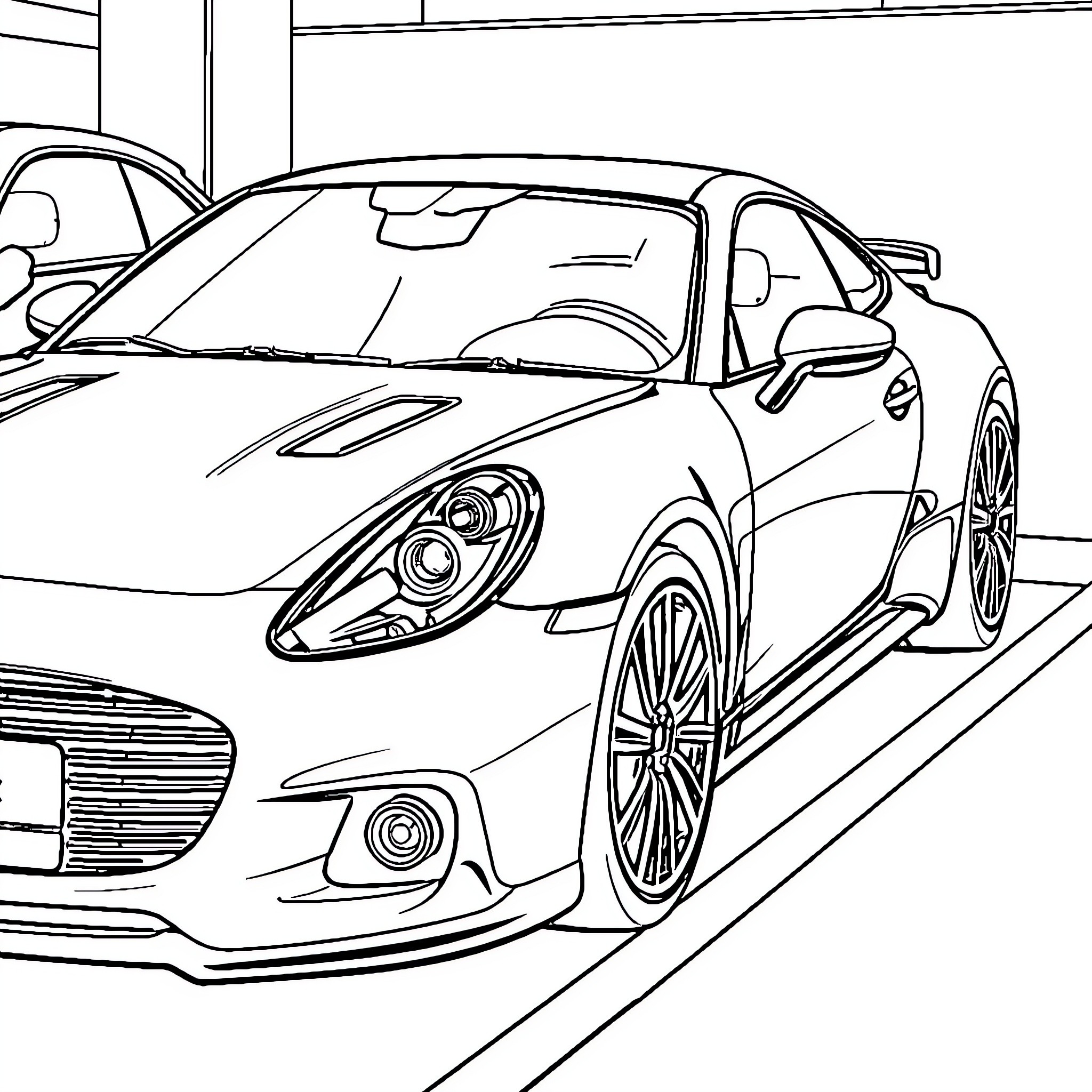 Car Parked in Garage with Sleek Design Coloring Page (free black-and-white line drawing printable PDF for all, from beginners to advanced learners, including children, teens, adults, and seniors)