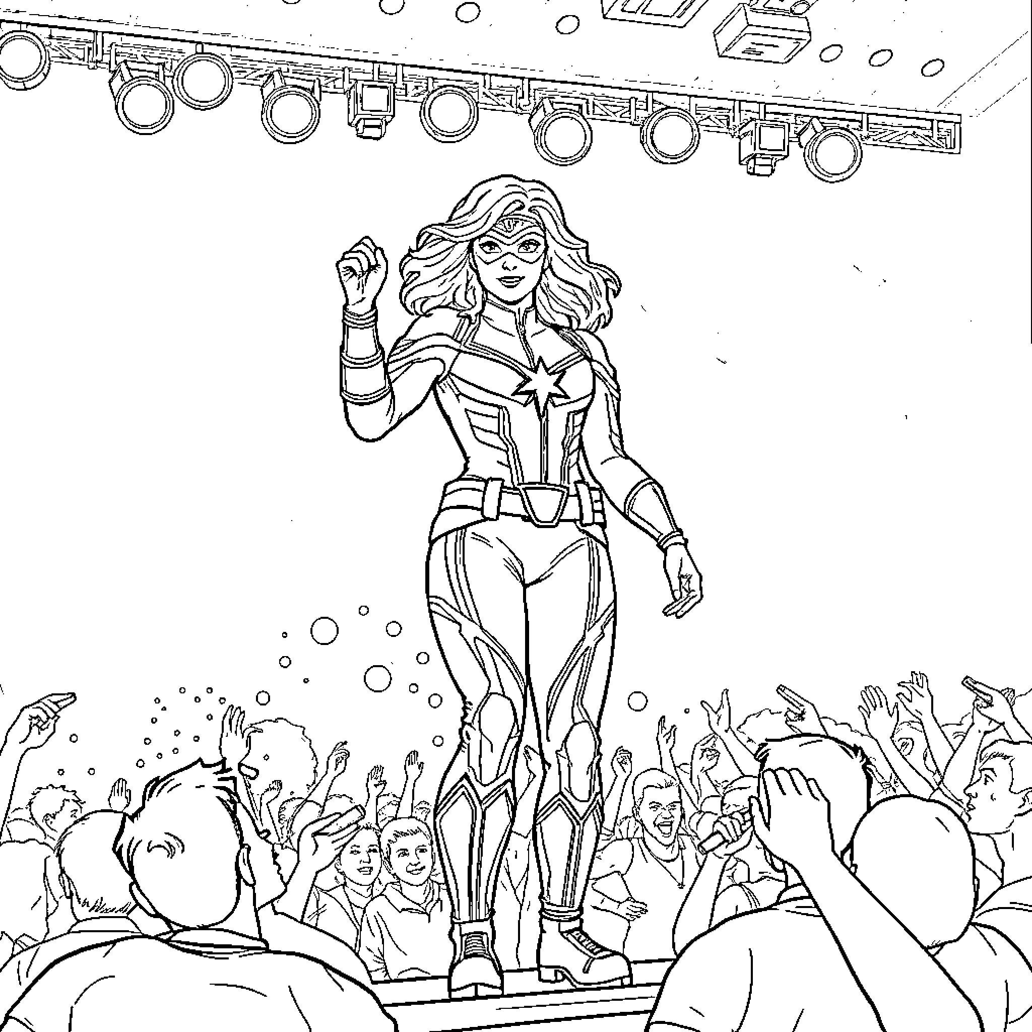 Captain Marvel Rallying the Crowd in Action Coloring Page (free black-and-white line drawing printable PDF for all, from beginners to advanced learners, including children, teens, adults, and seniors)