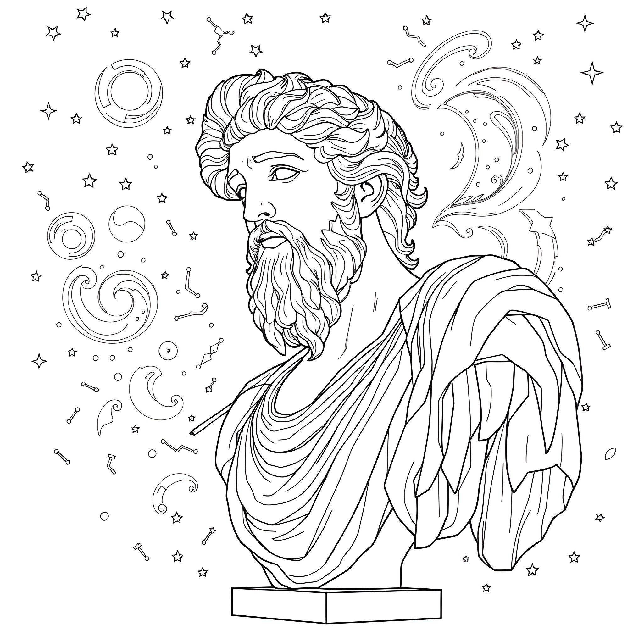 Archer aiming at stars in the night sky Coloring Page (free black-and-white line drawing printable PDF for all, from beginners to advanced learners, including children, teens, adults, and seniors)