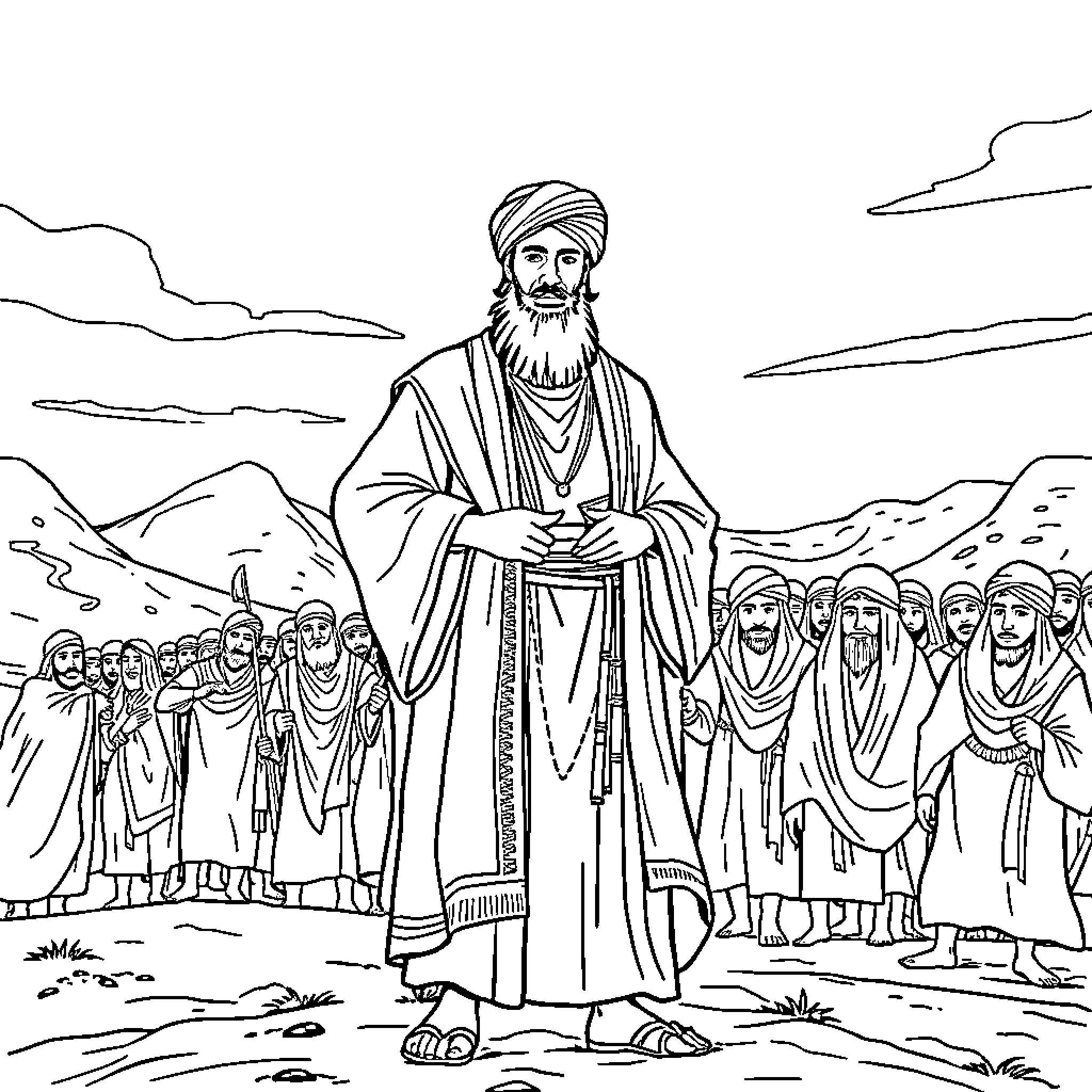 Imam Hussain leading a procession of devoted followers Coloring Page (free black-and-white line drawing printable PDF for all, from beginners to advanced learners, including children, teens, adults, and seniors)