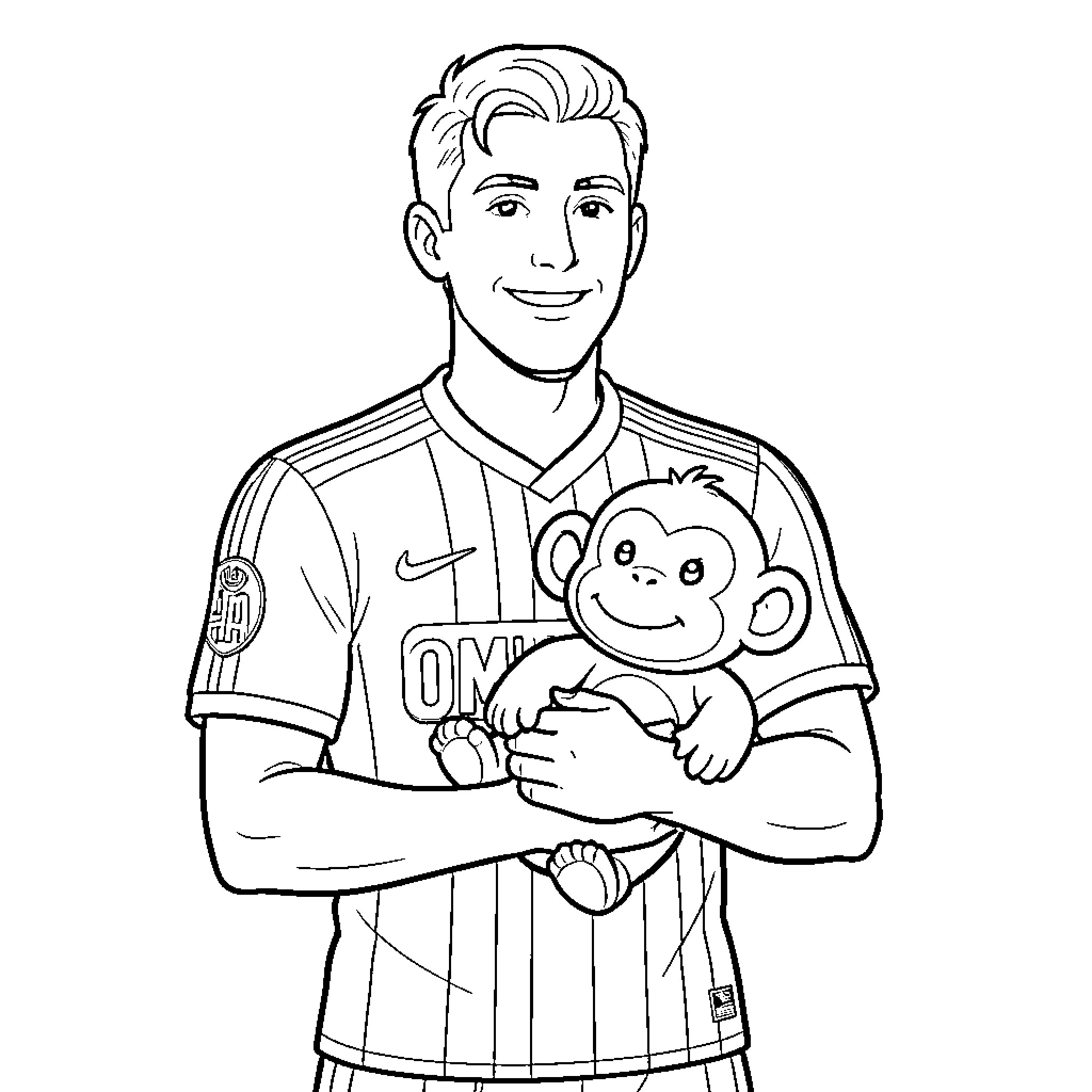 Player smiling with plush toy in sports uniform Coloring Page (free black-and-white line drawing printable PDF for all, from beginners to advanced learners, including children, teens, adults, and seniors)