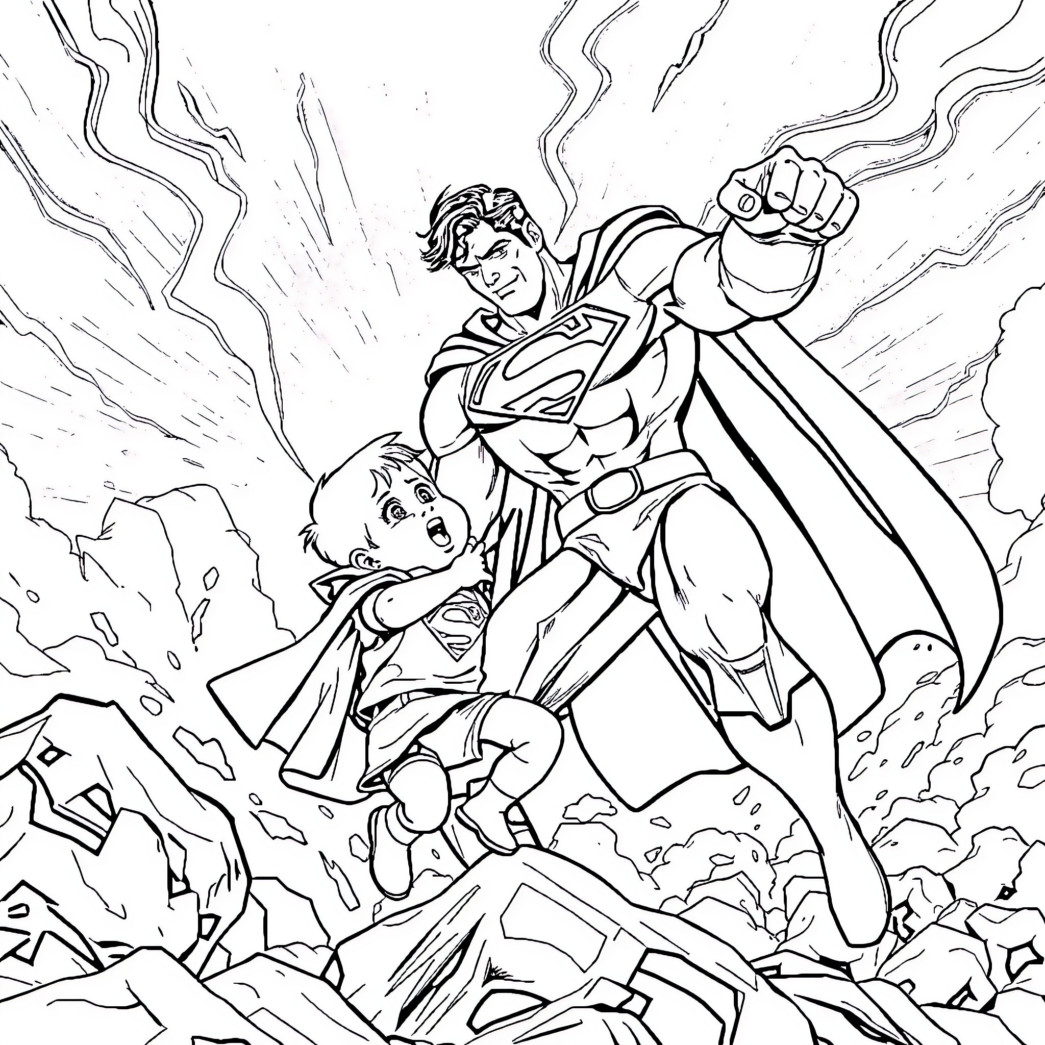 Superman saving civilian from danger Coloring Page (free black-and-white line drawing printable PDF for all, from beginners to advanced learners, including children, teens, adults, and seniors)