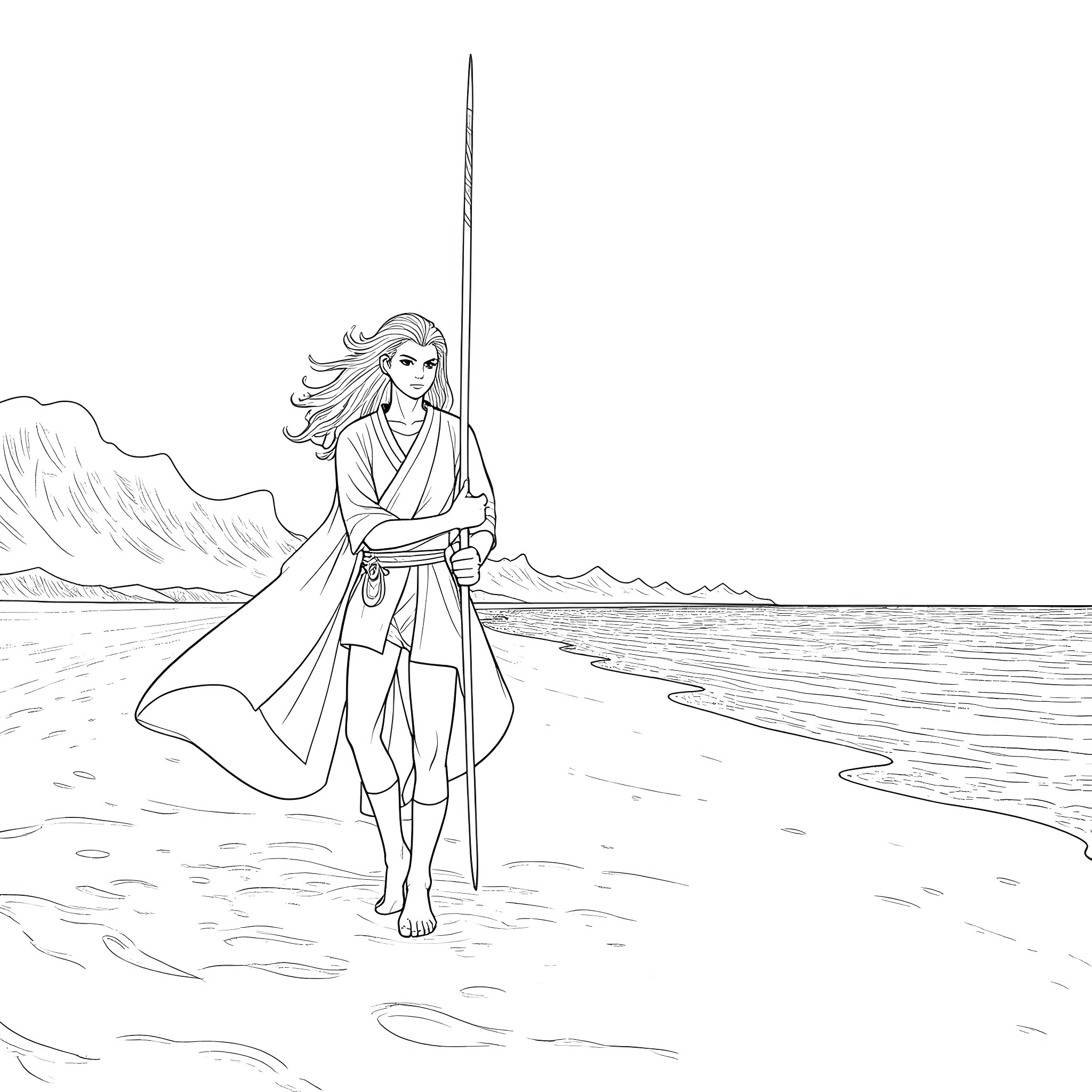 Rengoku's Fierce Determination on the Shoreline Coloring Page (free black-and-white line drawing printable PDF for all, from beginners to advanced learners, including children, teens, adults, and seniors)