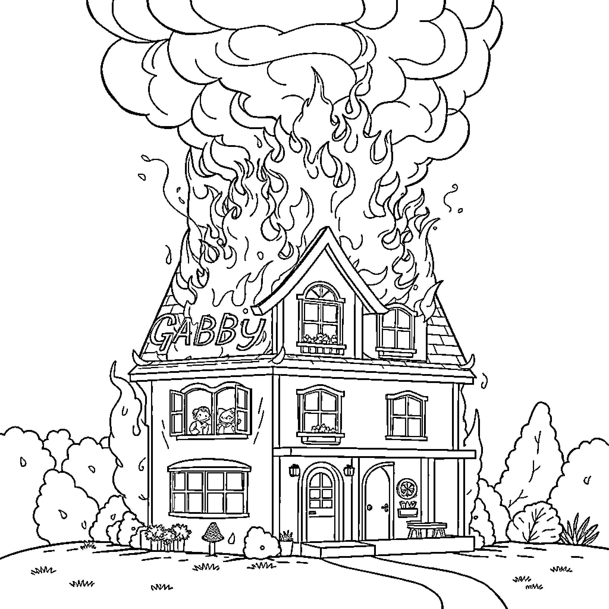 Gabby Dollhouse on Fire with Dramatic Smoke Coloring Page (free black-and-white line drawing printable PDF for all, from beginners to advanced learners, including children, teens, adults, and seniors)