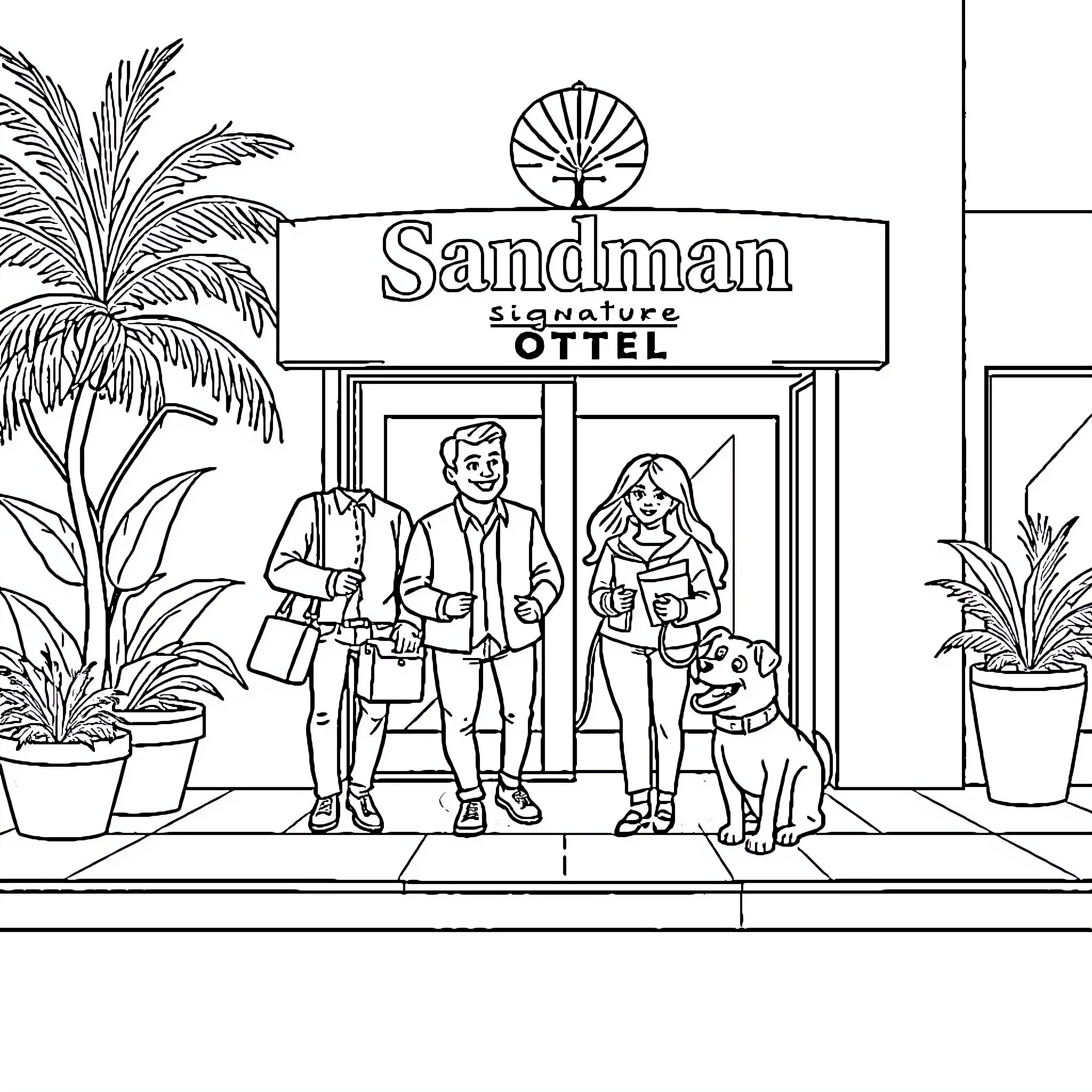 Family visiting Sandman Signature Hotel Coloring Page (free black-and-white line drawing printable PDF for all, from beginners to advanced learners, including children, teens, adults, and seniors)