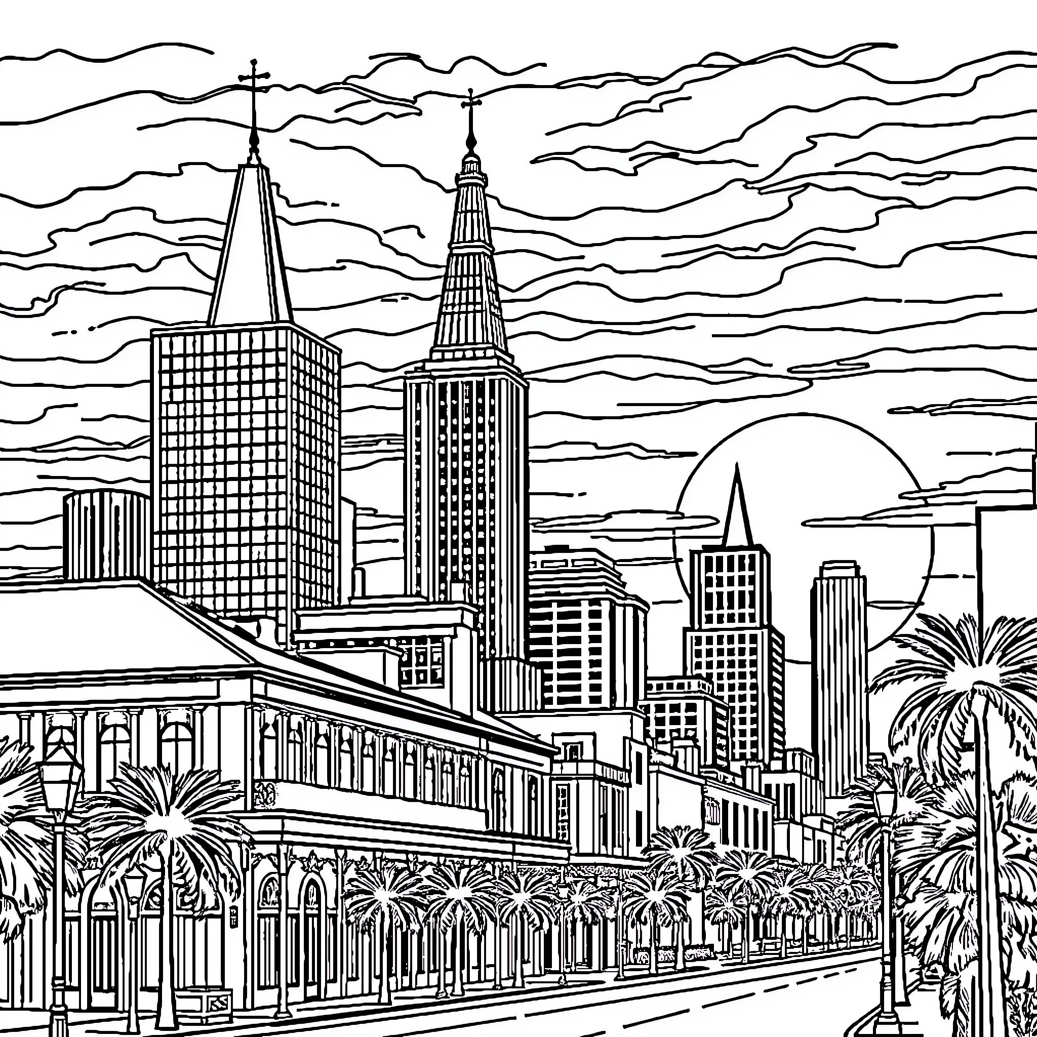 New Orleans Cityscape with Iconic Architecture and Tropical Ambiance Coloring Page (free black-and-white line drawing printable PDF for all, from beginners to advanced learners, including children, teens, adults, and seniors)