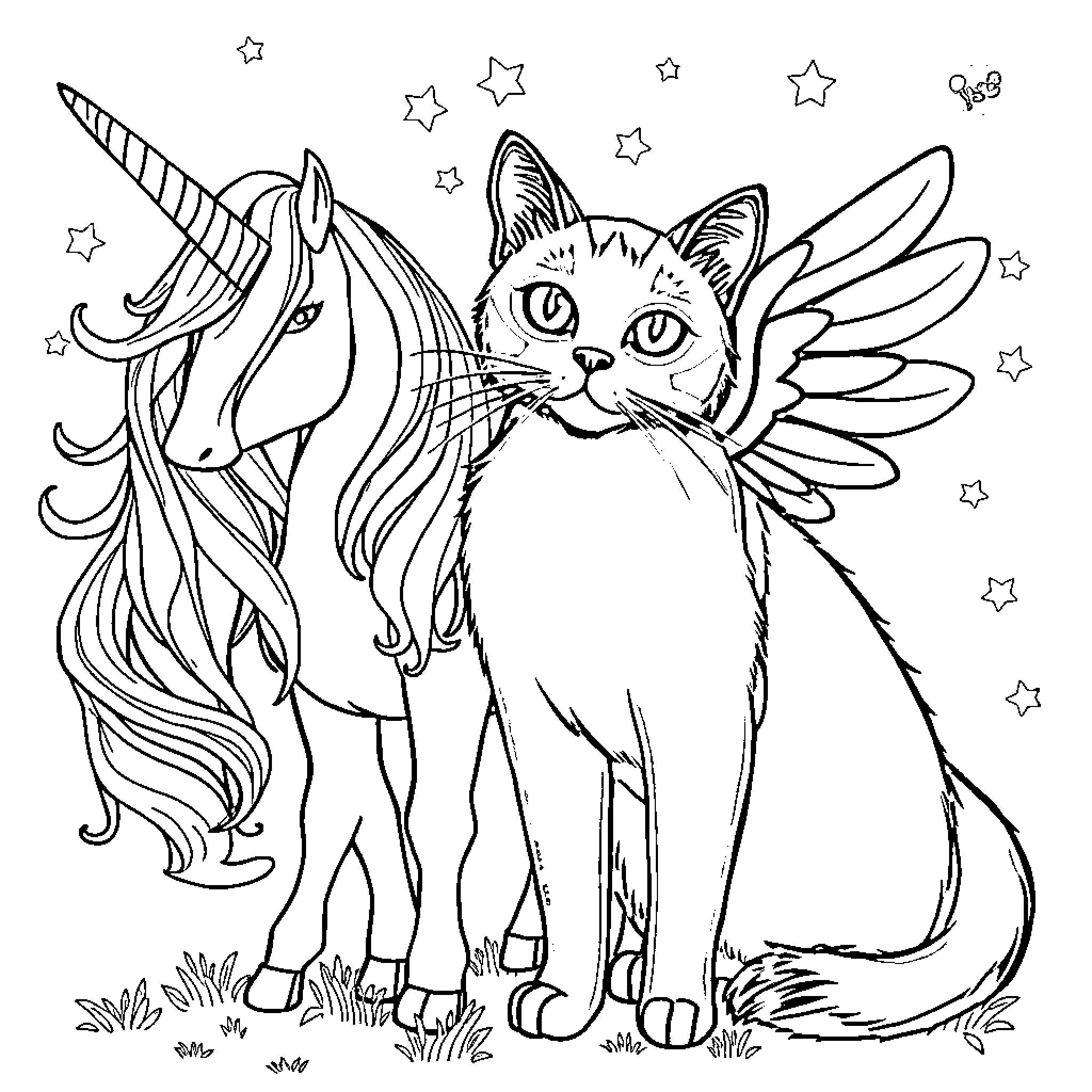 Cat with Unicorn and Stars Coloring Page (free black-and-white line drawing printable PDF for all, from beginners to advanced learners, including children, teens, adults, and seniors)