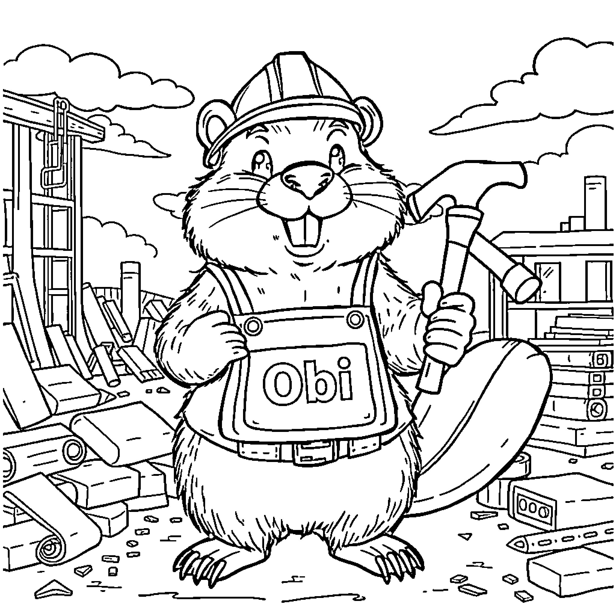 Beaver construction worker on construction site Coloring Page (free black-and-white line drawing printable PDF for all, from beginners to advanced learners, including children, teens, adults, and seniors)