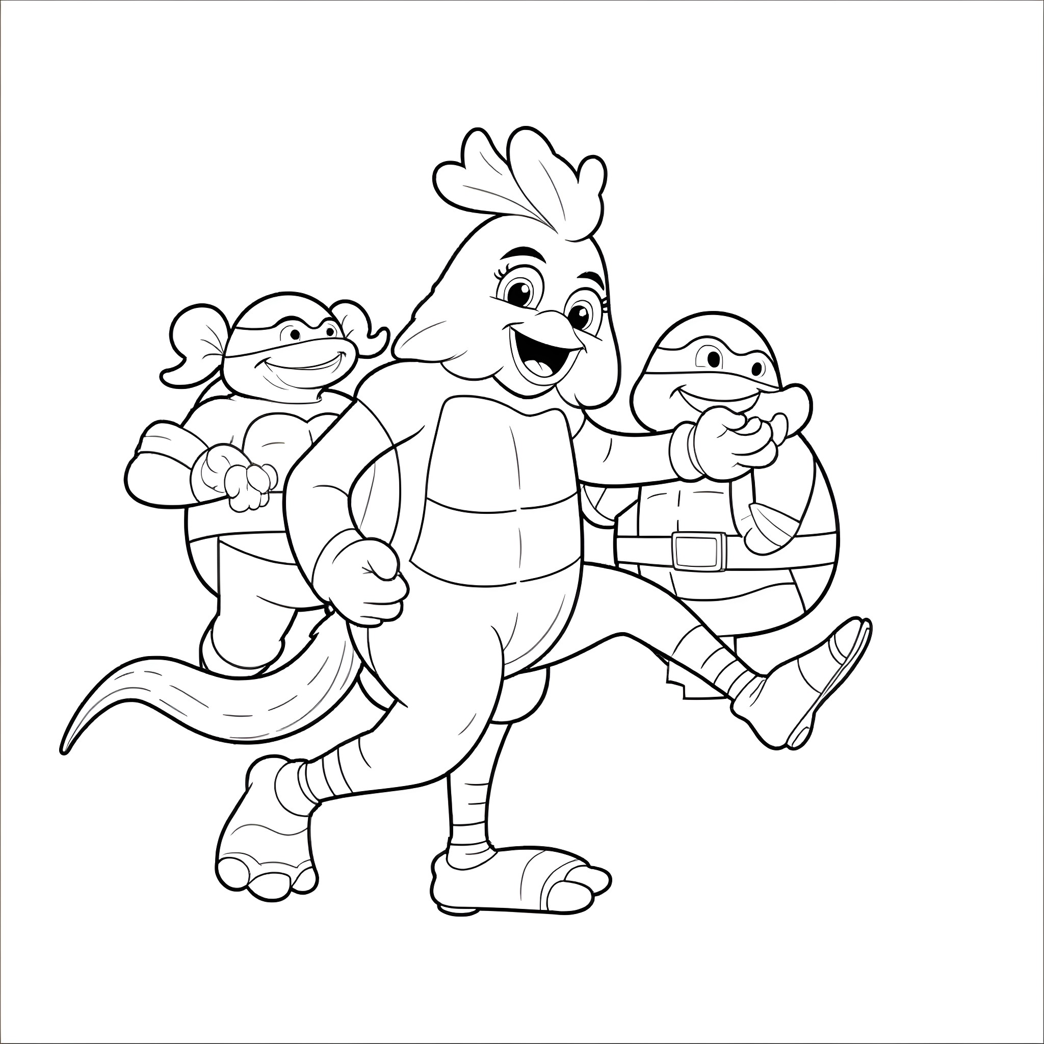 Chicken characters in a friendly pose Coloring Page (free black-and-white line drawing printable PDF for all, from beginners to advanced learners, including children, teens, adults, and seniors)