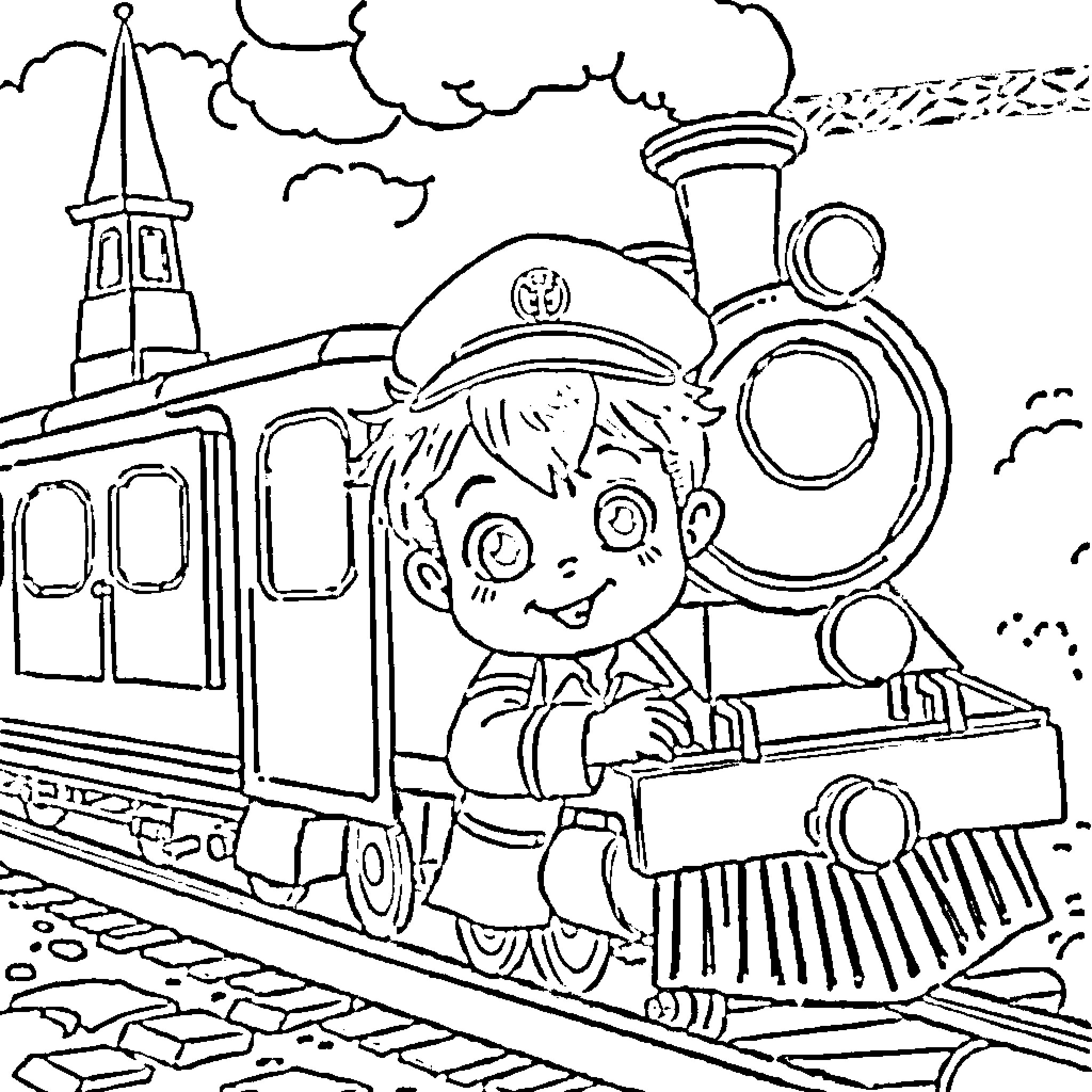 Boy drives train past town with excitement Coloring Page (free black-and-white line drawing printable PDF for all, from beginners to advanced learners, including children, teens, adults, and seniors)