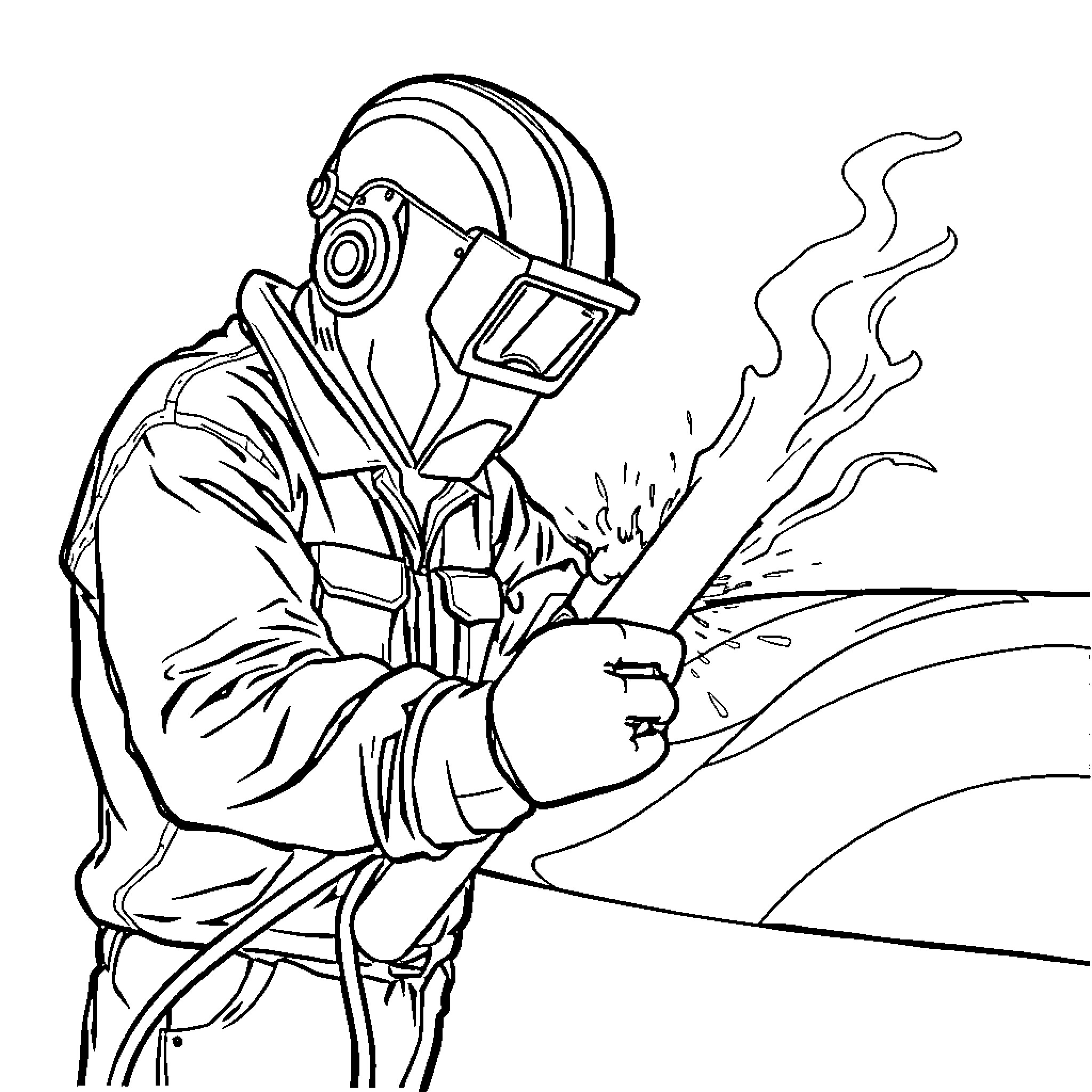 Welder at Work in Protective Gear Coloring Page (free black-and-white line drawing printable PDF for all, from beginners to advanced learners, including children, teens, adults, and seniors)