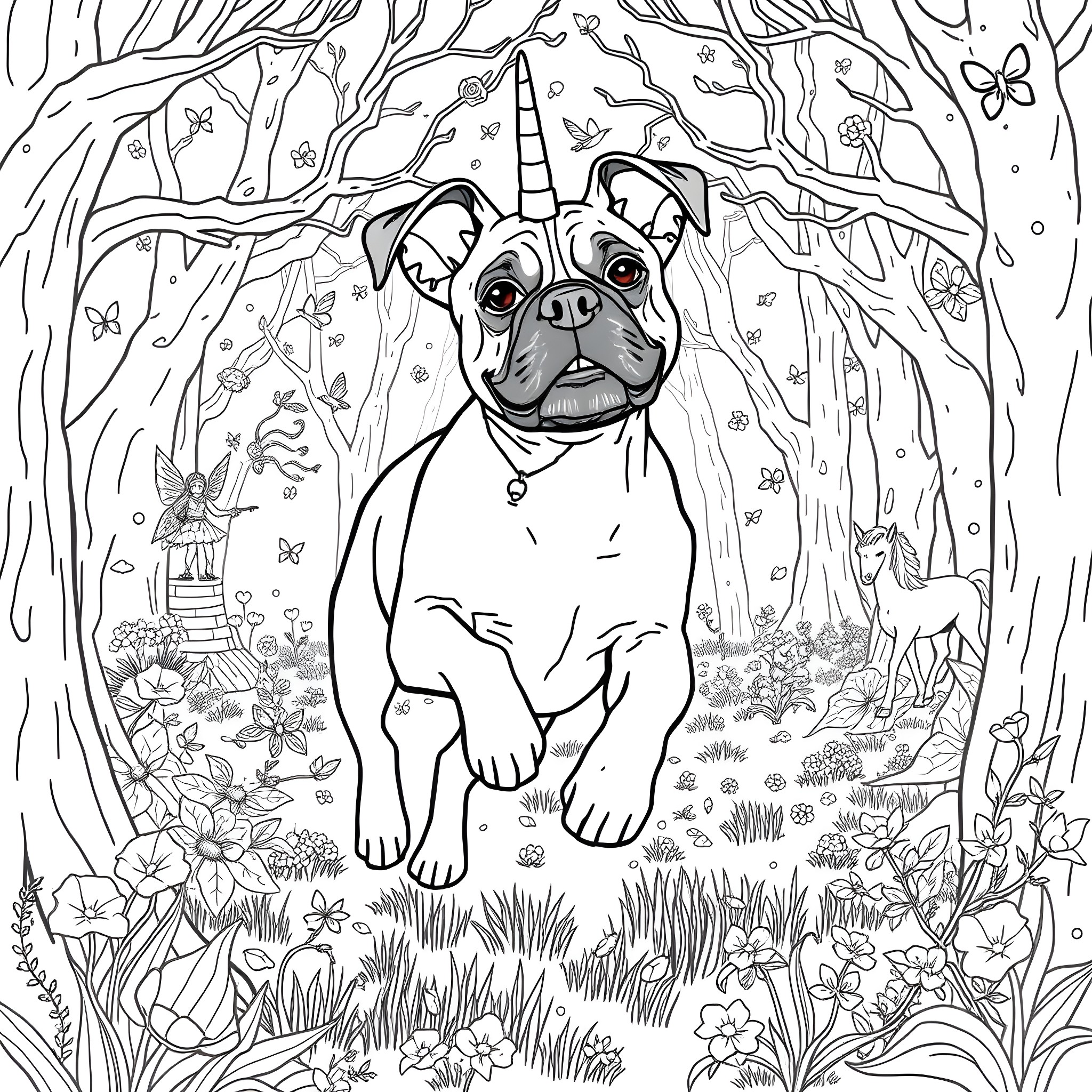 Boxer dog exploring a whimsical forest Coloring Page (free black-and-white line drawing printable PDF for all, from beginners to advanced learners, including children, teens, adults, and seniors)