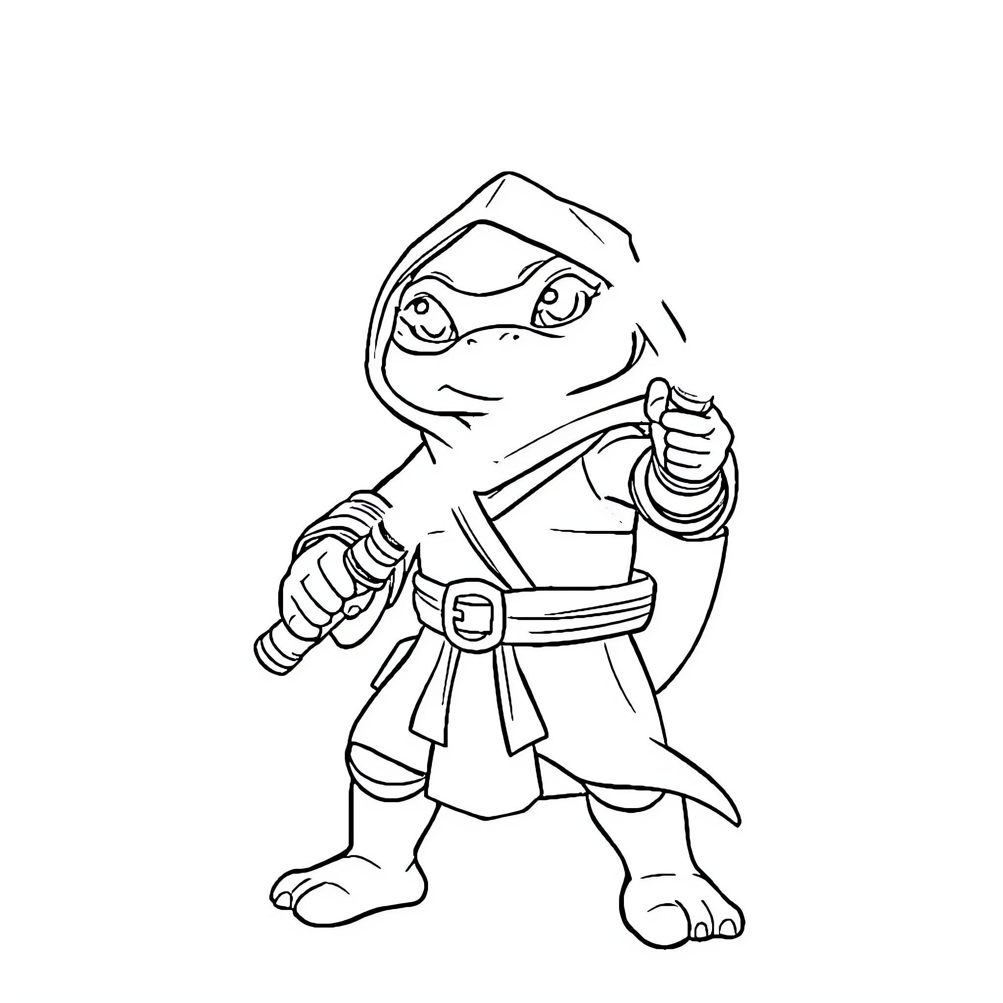 Turtle warrior in action pose Coloring Page (free black-and-white line drawing printable PDF for all, from beginners to advanced learners, including children, teens, adults, and seniors)