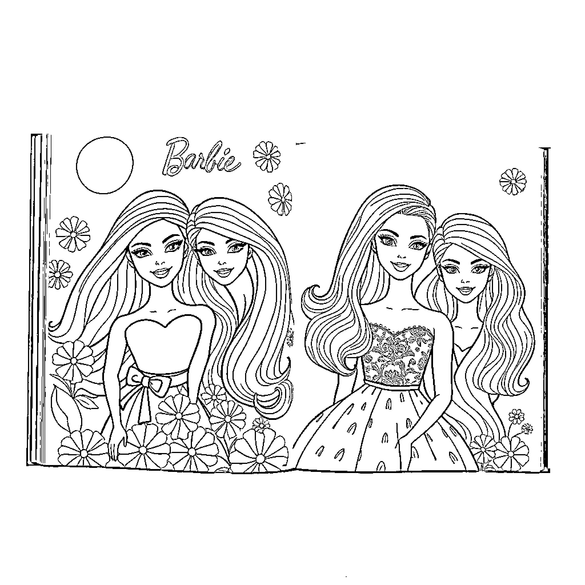 Barbie dolls in a floral setting Coloring Page (free black-and-white line drawing printable PDF for all, from beginners to advanced learners, including children, teens, adults, and seniors)