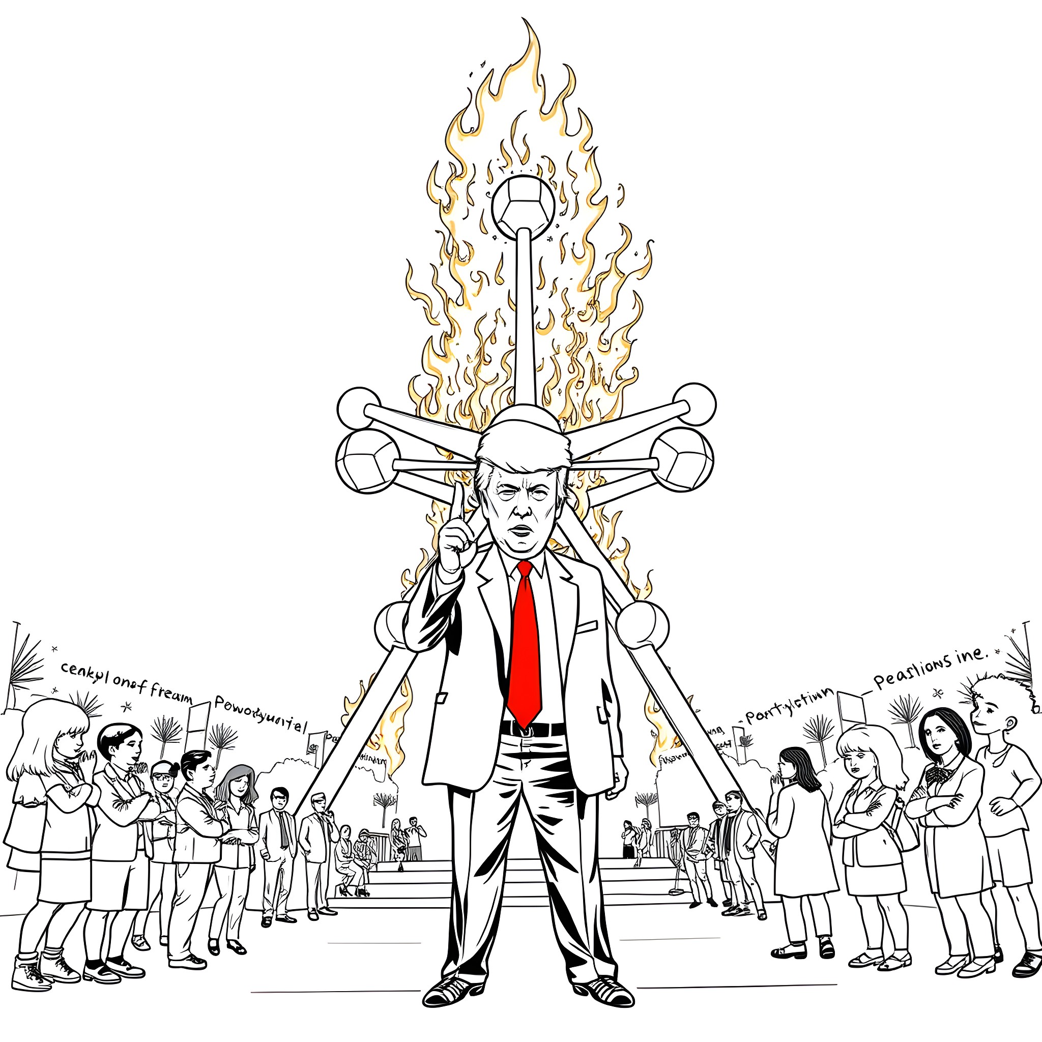 Atomium figure surrounded by a crowd of people Coloring Page (free black-and-white line drawing printable PDF for all, from beginners to advanced learners, including children, teens, adults, and seniors)