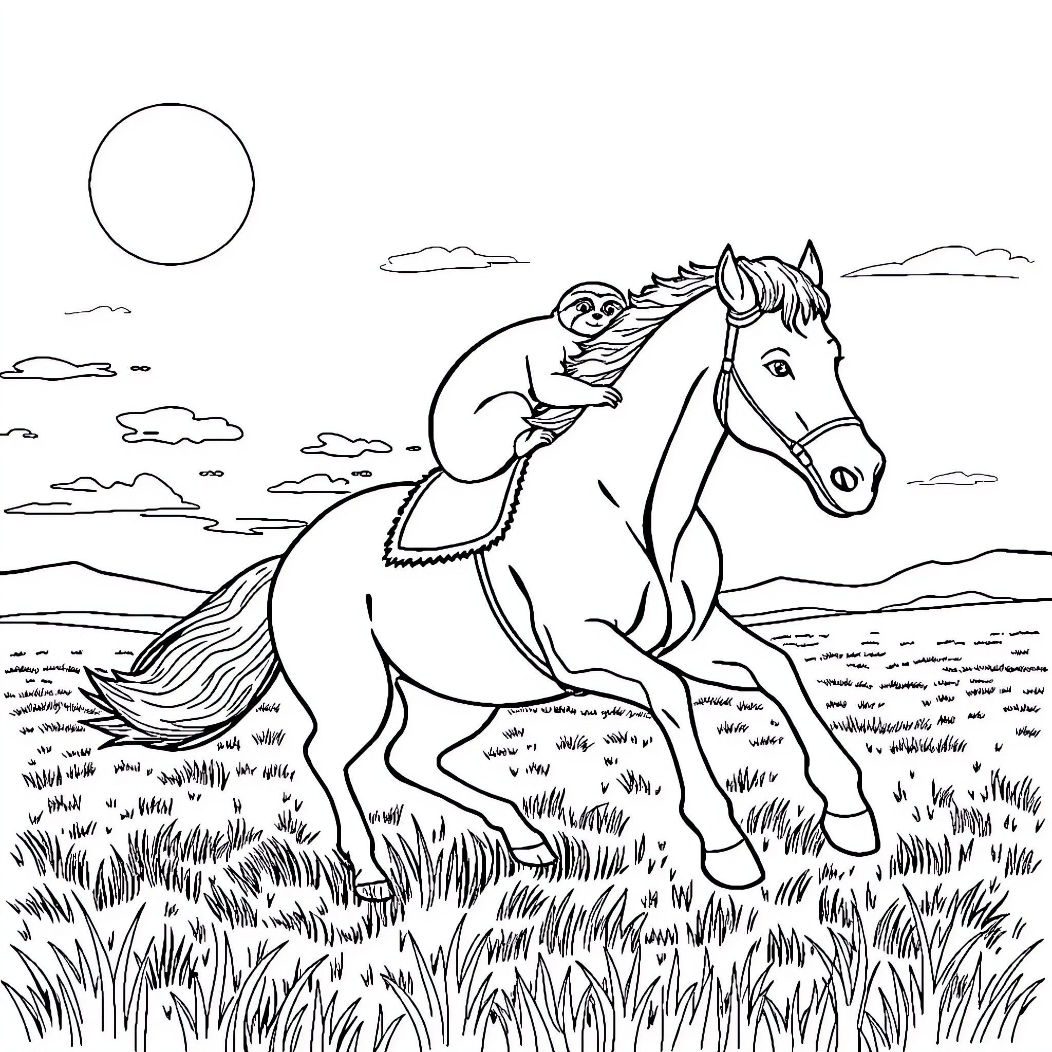 Sloth riding a horse through the countryside Coloring Page (free black-and-white line drawing printable PDF for all, from beginners to advanced learners, including children, teens, adults, and seniors)