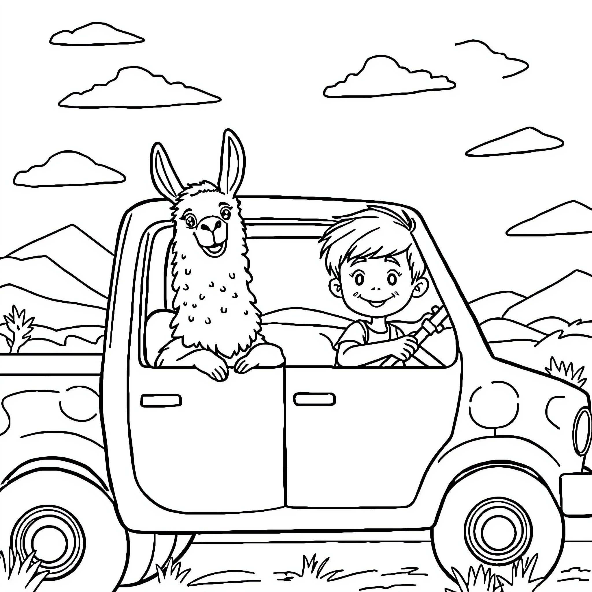Leo's Road Trip Adventure with a Friendly Llama Coloring Page (free black-and-white line drawing printable PDF for all, from beginners to advanced learners, including children, teens, adults, and seniors)